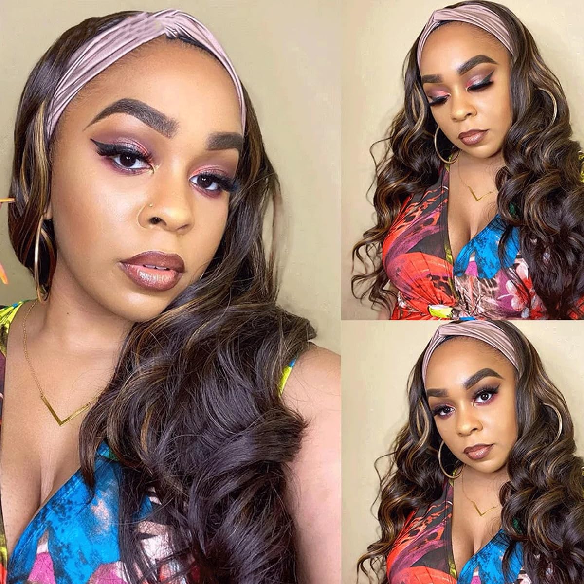 YUPEWG Long Wavy Headband Wigs for Black Women Glueless Highlight Brown And Black Synthetic Headband Wig Ready to Wear Wigs Glueless Wigs Daily Party Wear