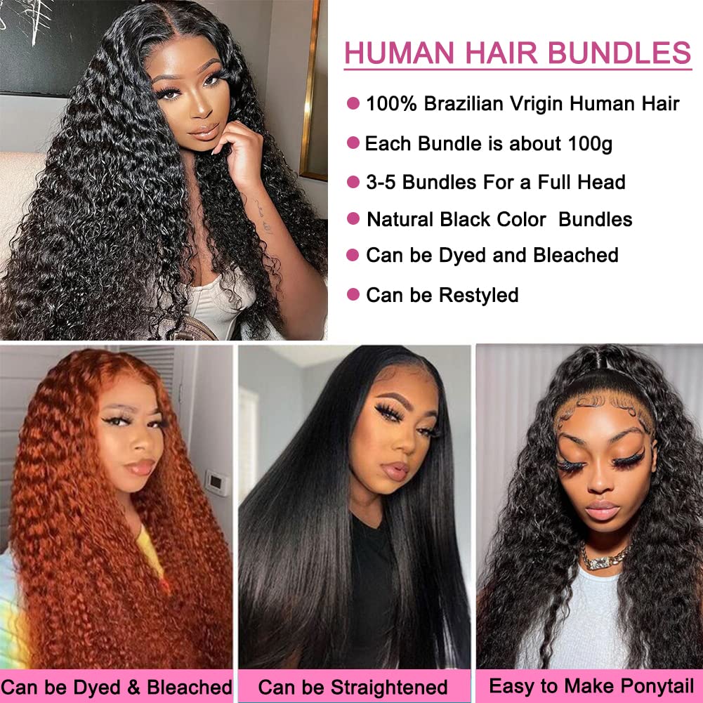 inlovwith Deep Wave Bundles Human Hair 24 Inch 12A Brazilian 100% Unprocessed Virgin Human Hair Bundles Wet and Wavy Human Hair Weave Bundles Natural Black Color Human Hair Extensions