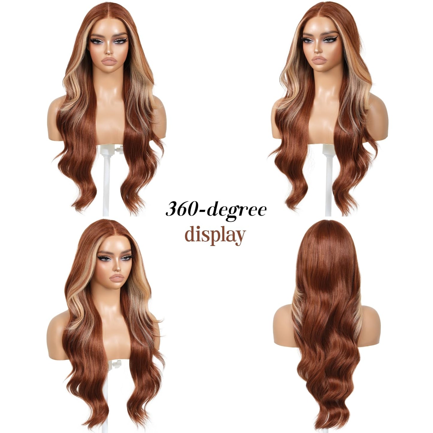 ENCOUNTERU Ginger Wear and Go Glueless Wig with Bangs Skunk Stripe Synthetic Lace Front Wigs for Women Body Wave Pre Plucked Pre Cut HD Lace Glueless Ready to Wear Middle Part 26 Inch