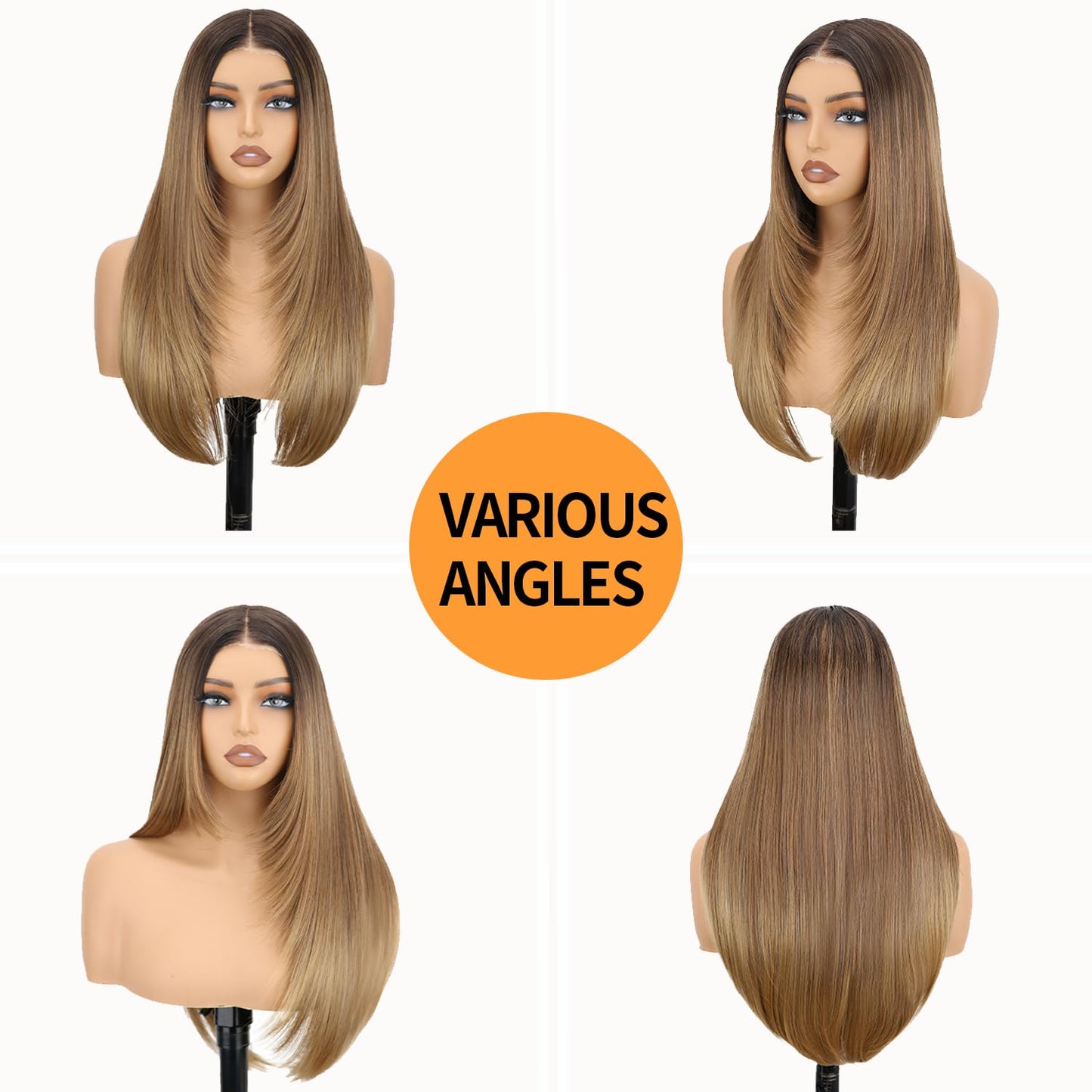 NOSTALGIA Brown and Blonde Highlight Straight Lace Front Wig Pre Cut Glueless Synthetic Layered Wig 24 Inch Middle Part Closure Wig For Women Upgraded with Premium Fiber