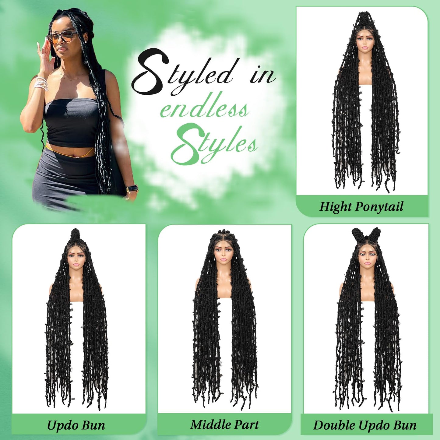 Youthfee 48" Black Butterfly Braided Wig with Lace Front, Synthetic Hair, Women