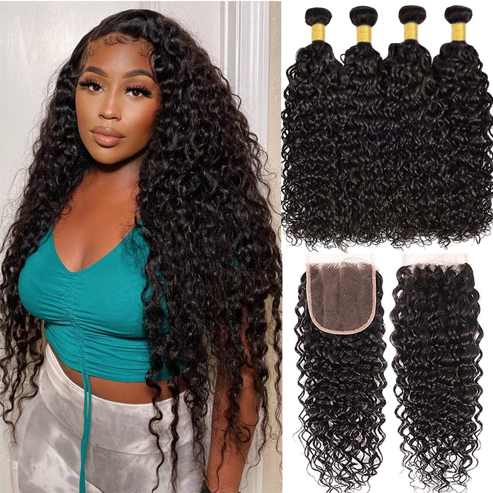 Borchan Water Wave 4 Bundles Human Hair with 4x4 Free Part Closure (24 26 28 30+22) Ocean Wave Wet and Wavy Bundles with Lace Closure Pre Plucked with Baby Hair Natural Color