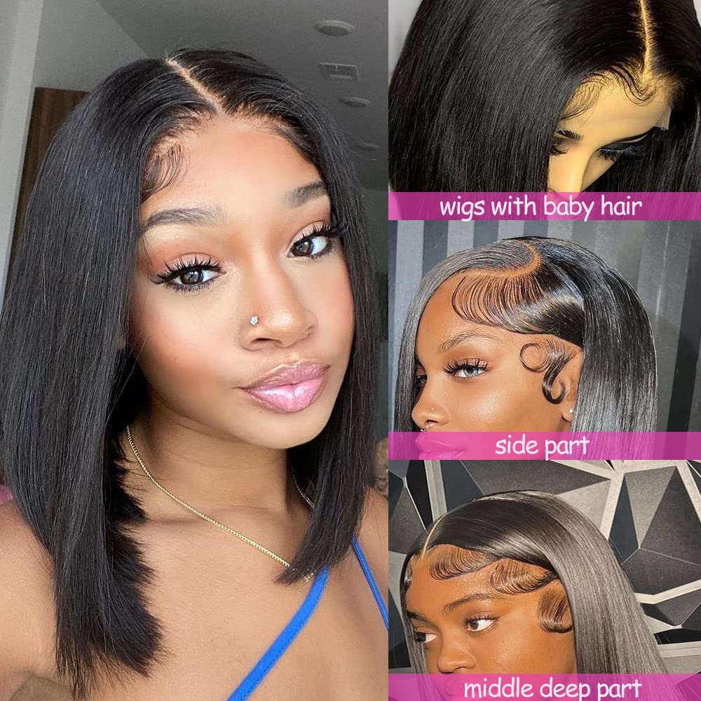 13x6 Lace Front Wigs Human Hair Bob Wig Human Hair Frontal Lace Wig Glueless Wigs Human Hair Pre Plucked Transparent Short Wigs for Women 150% Density (Natural color 13X6 straight bob, 16 Inch)