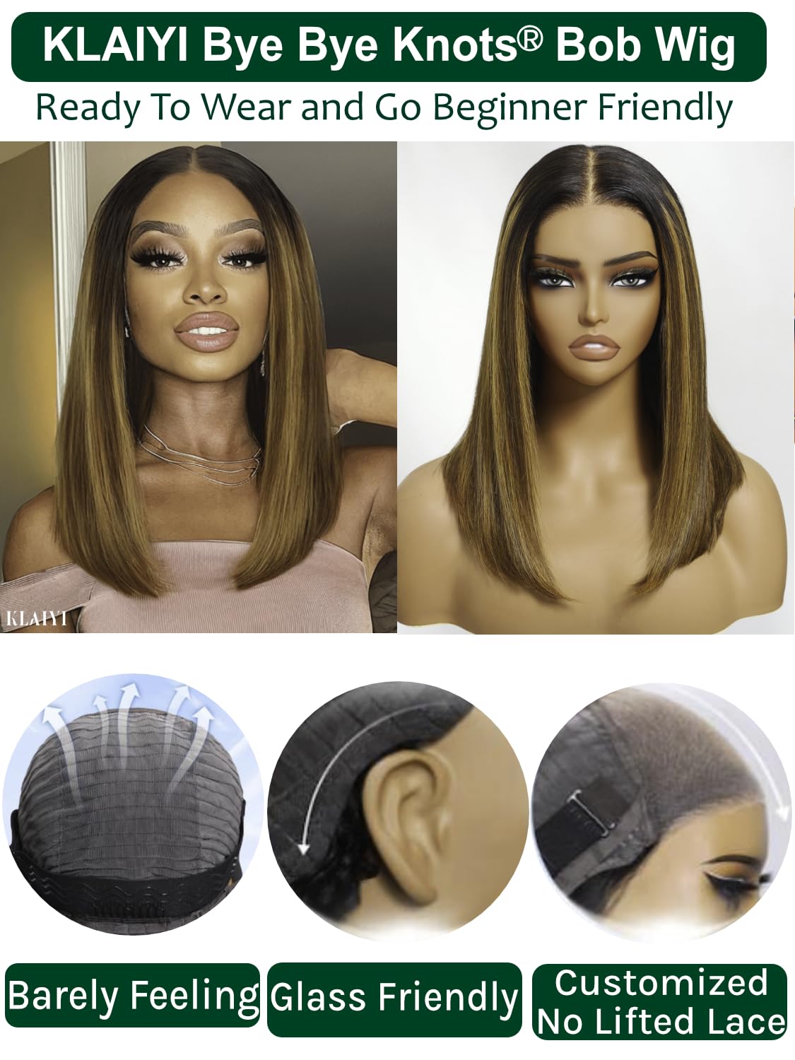 KLAIYI Bye Bye Knots Glueless Wig Ombre Brown with Blonde Bob Straight Precut 7x5Lace Front Human Hair Wig with Dark Roots Pre Plucked Bleached Blunt Cut Balayage Highlight Ready to Wear and Go 14Inch