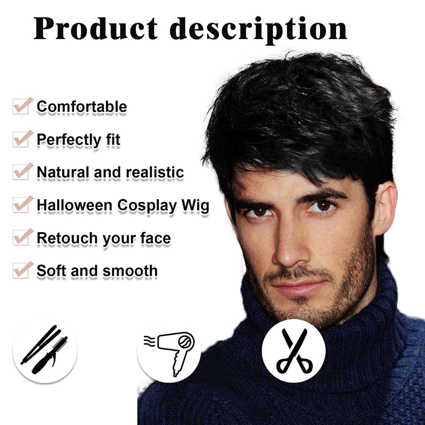 TOPHR Short Mens Wig Black Handsome 6 Inch Heat Resistant Synthetic Straight Male Wigs for Daily Costumes or Halloween Wear
