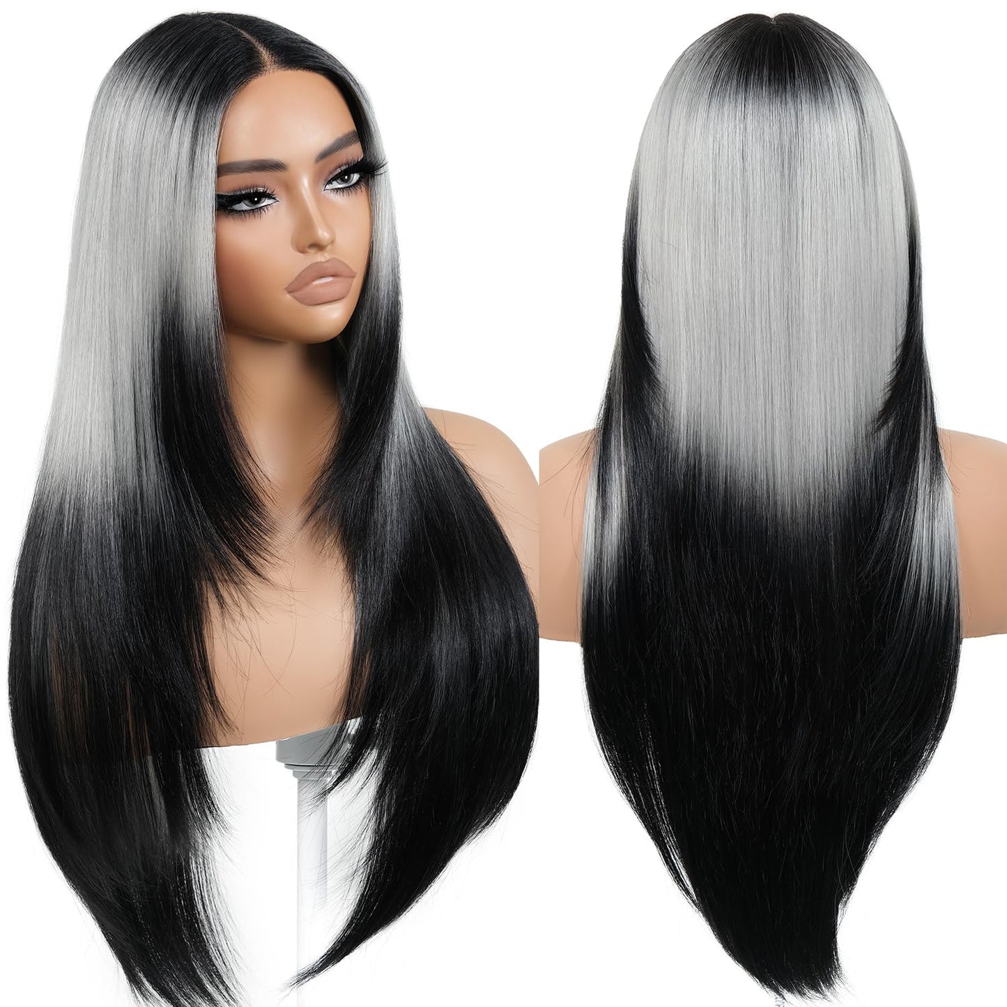 BrownBomb Ombre Sliver Grey Wear and Go Glueless Wigs Pre Plucked Pre Cut for Beginners Synthetic Lace Front Wigs With Bangs Long Straight layered Wigs HD Lace 26 Inch 3 Seconds to Wear for Beginners