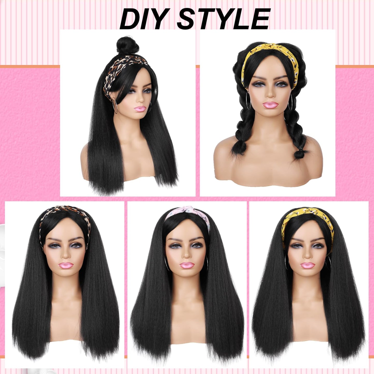 G&T Wig Yaki Straight Half Wig with Braided Hair Band Wear and Go Glueless Wig for Black Women Heat Resistant Synthetic Wigs for Daily Use (24 inch)