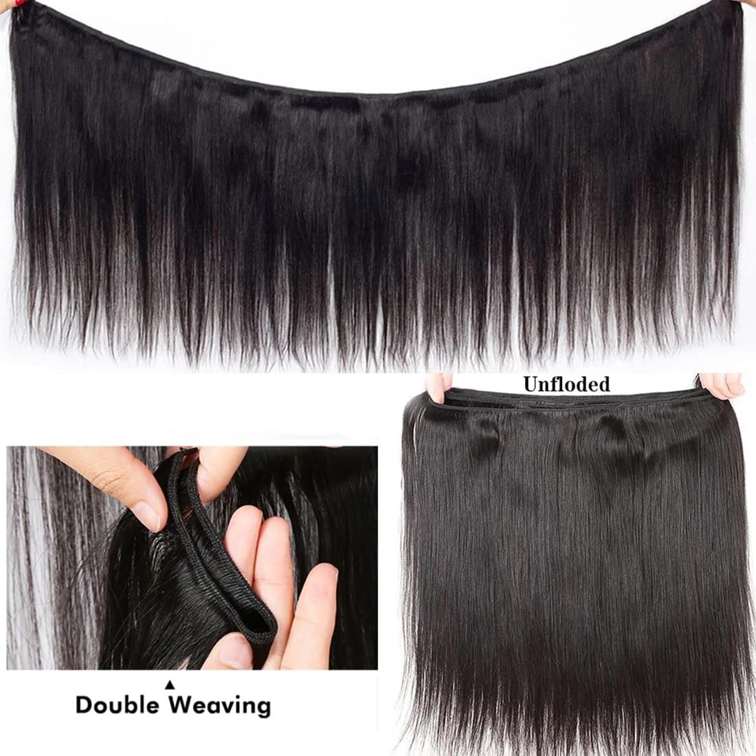 PINJUOO Straight Bundles Human Hair 16 18 20 inch 100% Unprocessed Virgin Remy Hair Bundles Weave 3 Bundles Raw Hair Extensions Natural Color for Women