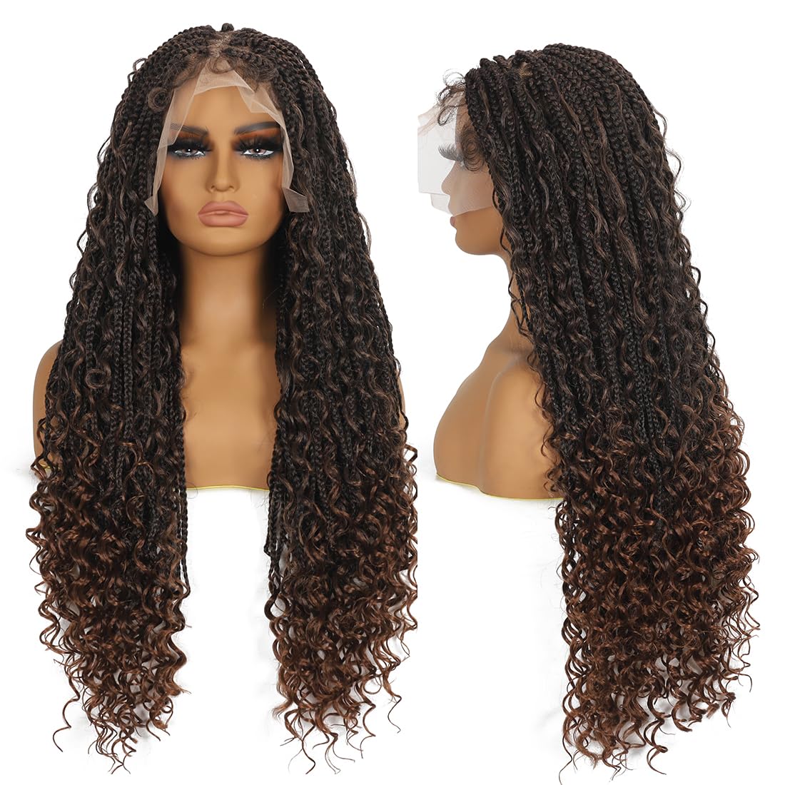 28 Inch Half Lace Front Braided Wigs for Black Women Knotless Braids Wigs Bohemian Boho Braids Goddess Box Braided Wig with Baby Hair (T30, 28 inch)