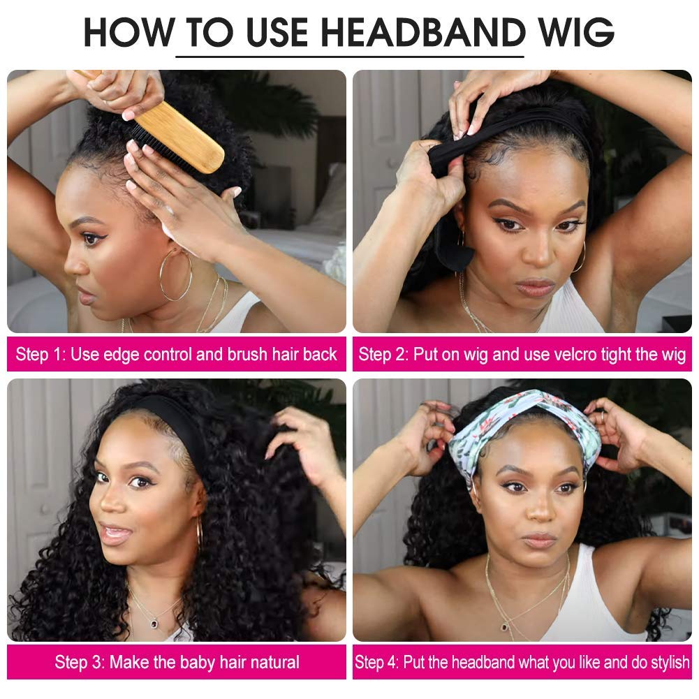 SWEETGIRL Curly Headband Wig Human Hair Wigs for Women Short Curly Bob Headband Wigs Ready to Wear and Go Glueless Half Wig 150% Density Natural Black 6 Inch