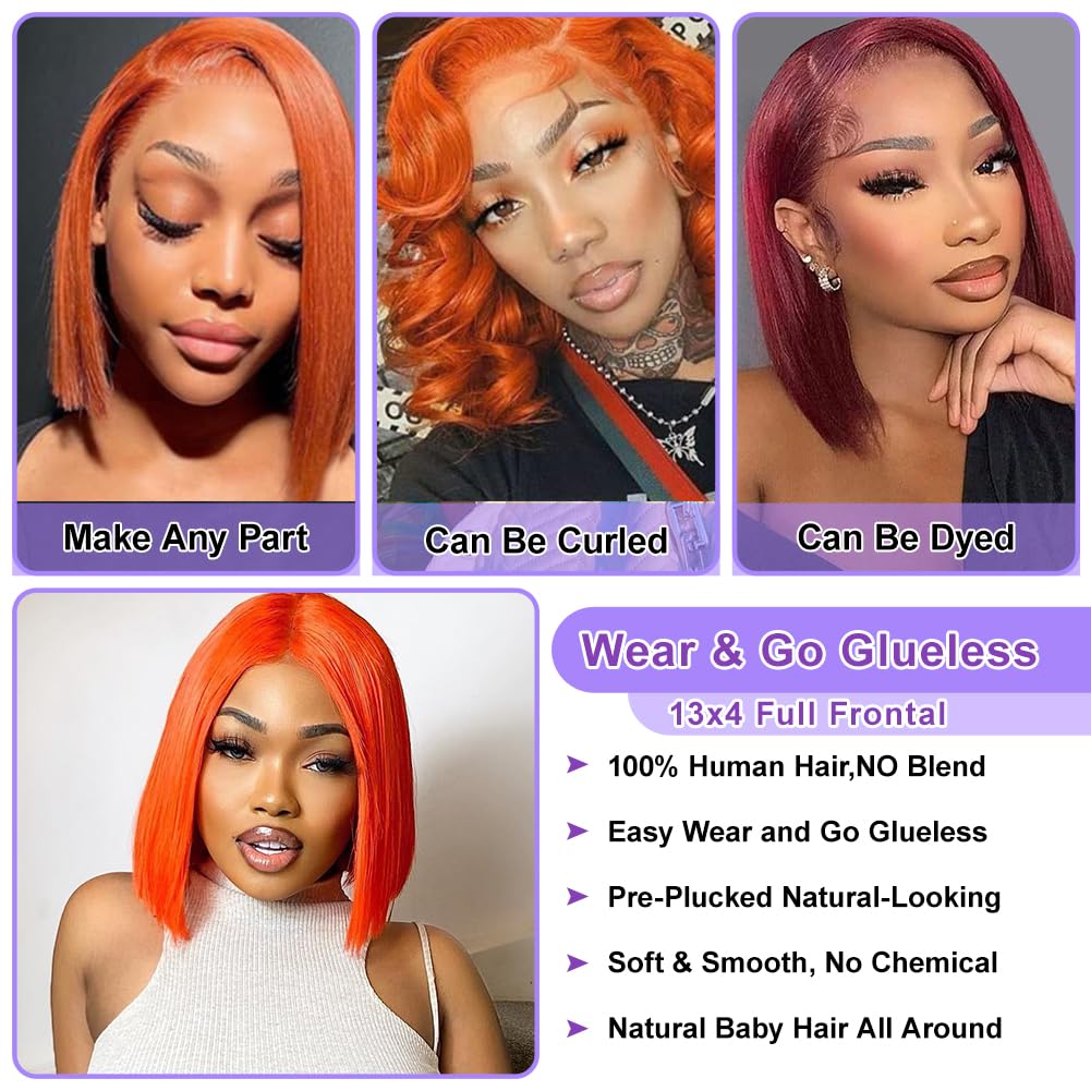 350 Ginger Bob Wig Human Hair 13x4 HD Transparent Lace Front Wigs Pre Plucked Natural Hairline Straight Bob Wig for Black Women Short Orange Ginger with Baby Hair 180% Density Brazilian Hair 14Inch