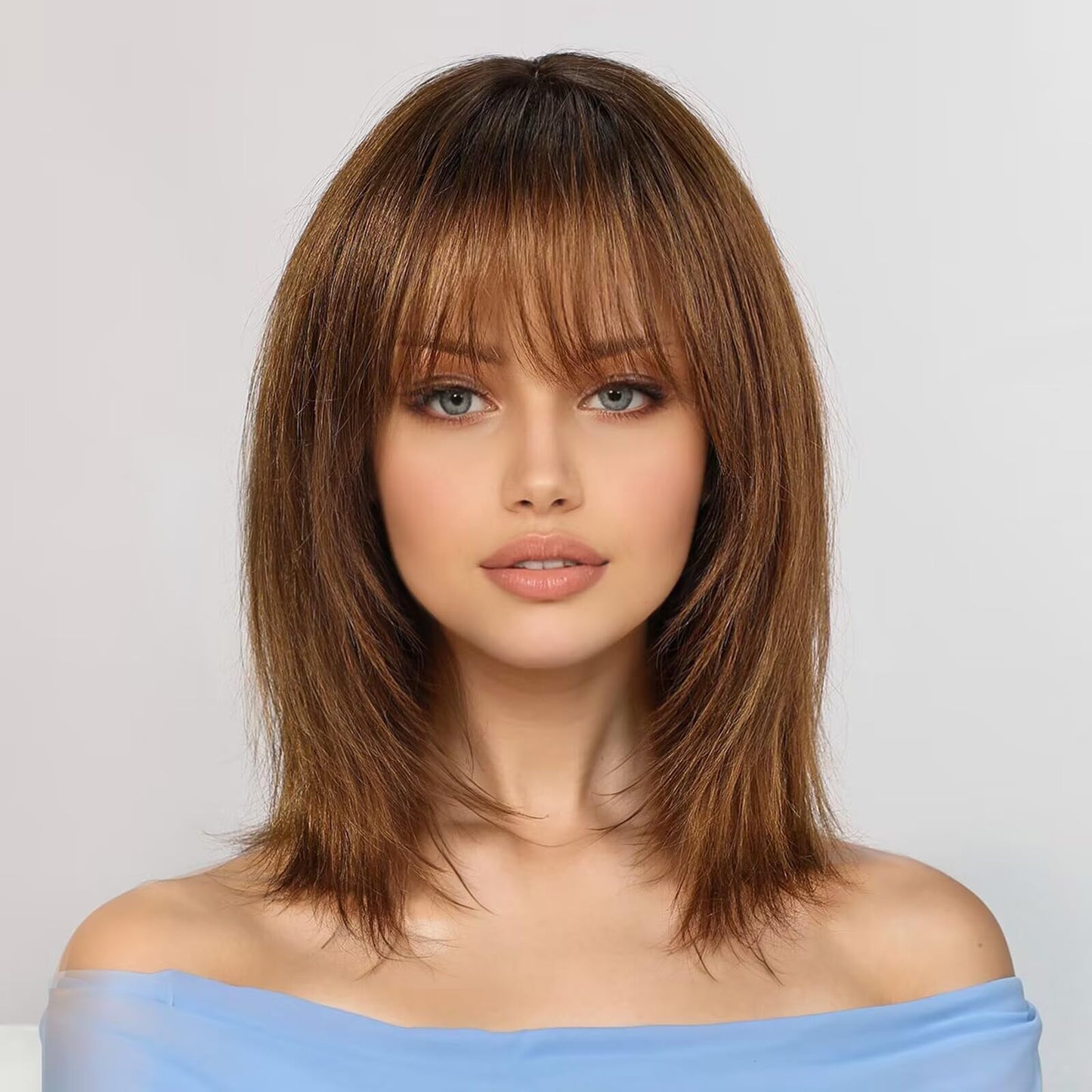 KKU 12 Inch Ombre Brown Wigs Human Hair for Women, Remy Human Hair Wigs, Human Hair Wigs with Bangs