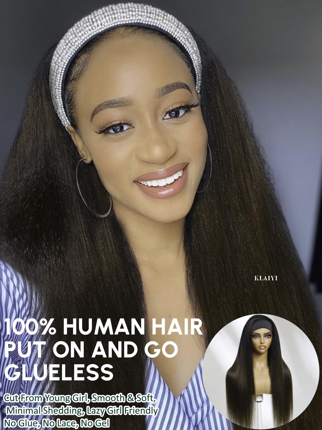 KLAIYI Ombre Brown Yaki Straight Headband Wig Human Hair Glueless Wear and Go Wig with Dark Roots Drawstring Chestnut Kinky Clip In Half Wigs for Black Women No Lace No Glue 30S Ready to Wear 26Inch
