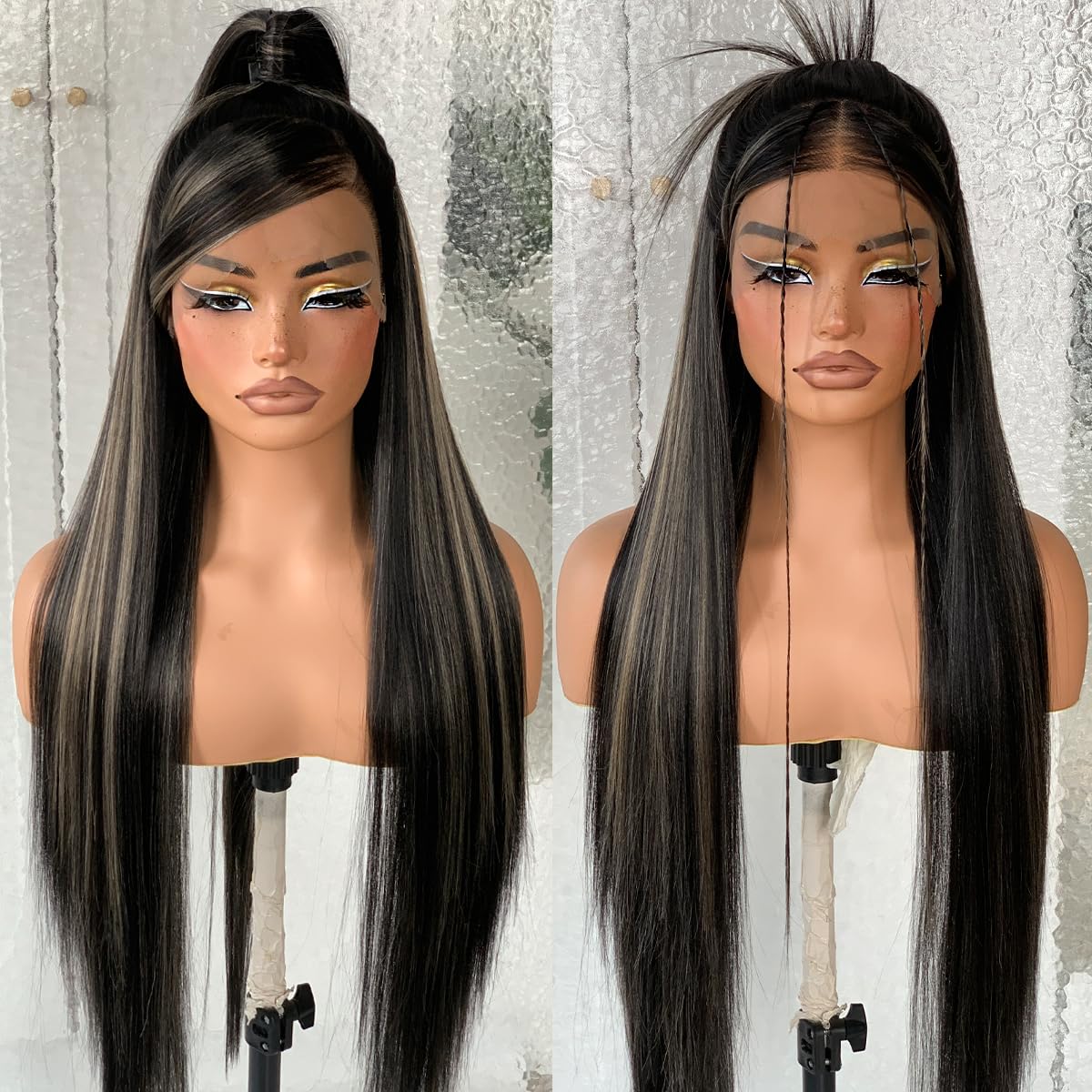 13x6 1B/27 Highlight Lace Frontal Wigs, HD Glueless Synthetic Straight Lace Front Wig Pre-Plucked, Balayage Ombre Synthetic Lace Front Wig 200 Density, 1B/27 Colored For Black Women
