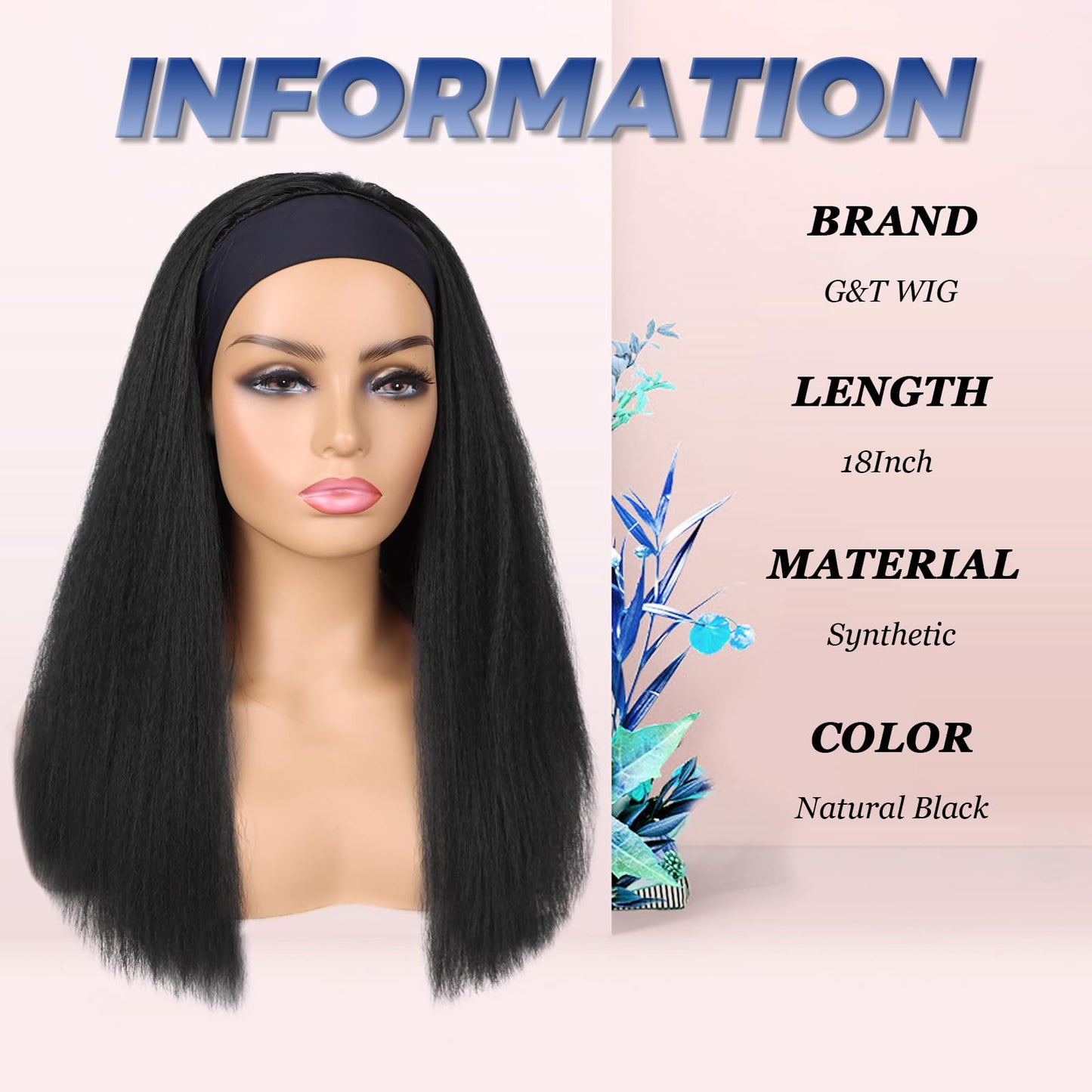 G&T Wig Yaki Straight Headband Wigs for Black Women Synthetic Yaki Headband Wig Long Kinky Straight Hair Wigs With Hair Band Attached 18 inch Full Machine Made None Lace Front Wig Natural Black Color