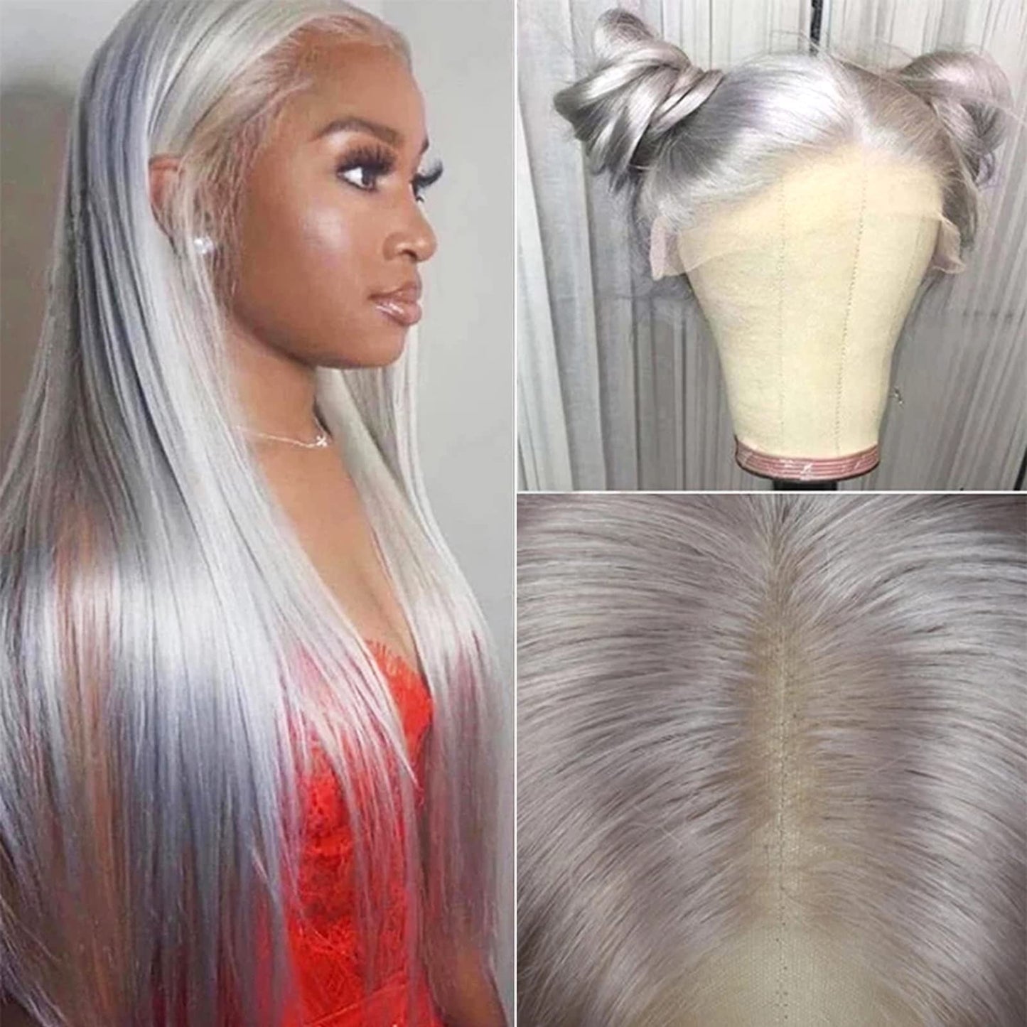 ANDRIA Lace Front Wigs Glueless Synthetic Long Silk Straight Natural Heat Resistant Fiber Hair Grey Wig With Baby Hair For Black Women 24 Inches