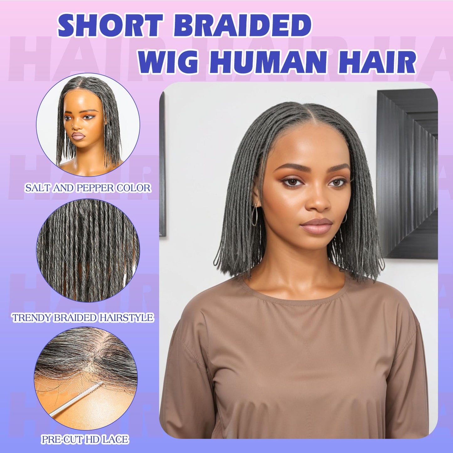 HANASCC Braided Wigs for Black Women Salt and Pepper Grey Twist Braid Wig Human Hair 10 inch Gray Glueless Short Bob Wig 5x5 HD Silk Base Lace Front 250% High Density