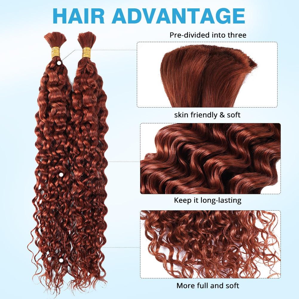 Dark Ginger Human Braiding Hair Water Wave Bulk 100g 24 Inch Color 350 Curly for Boho Braids Hair Extensions No Weft 2 Braids Per Pack Wet and Wavy