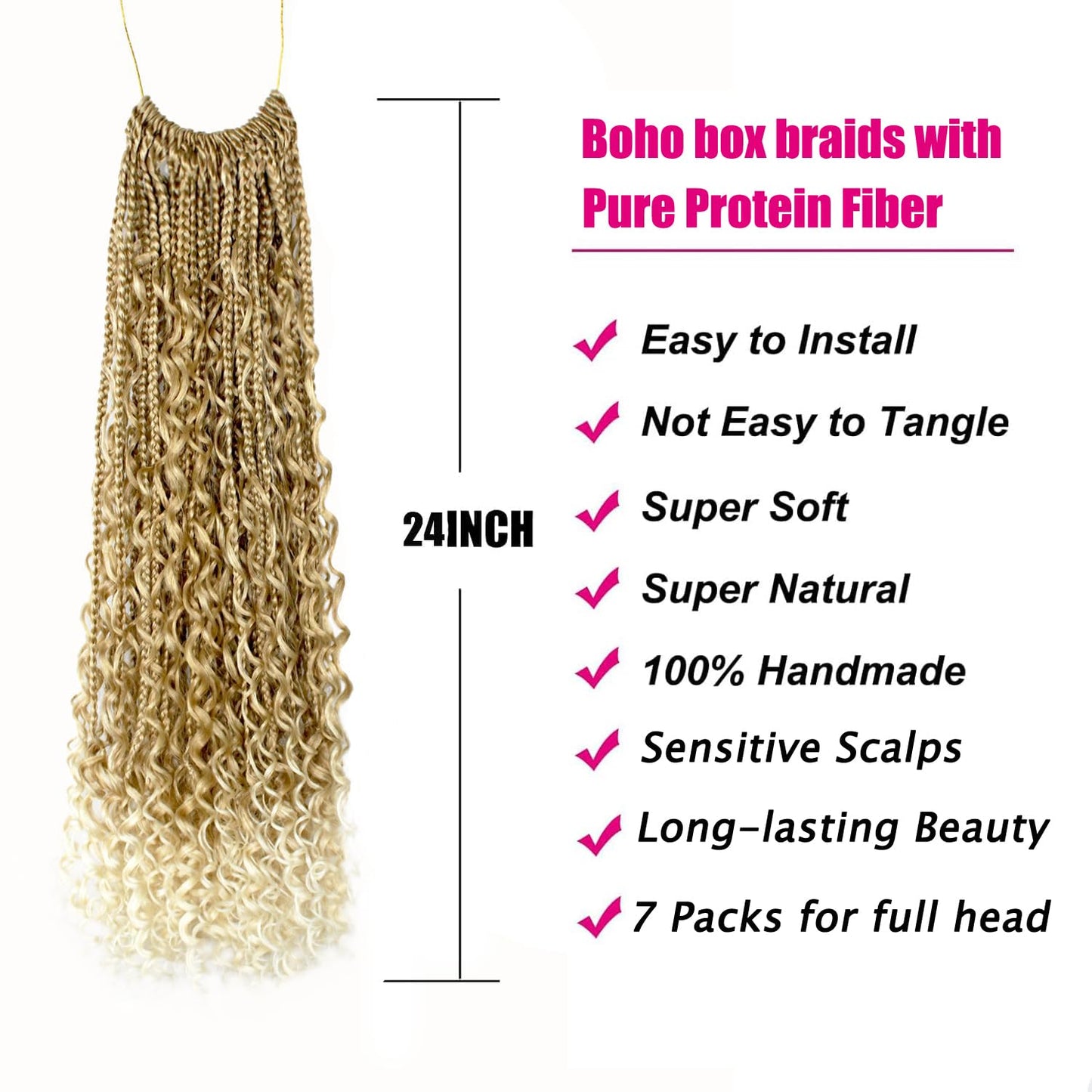 Boho Crochet Braids Pure Protein Fiber Close to Human Hair 24 Inch Goddess Box Braids with Soft Curls Bohemian Braids Crochet Hair for Black Women (24Inch #27/613)