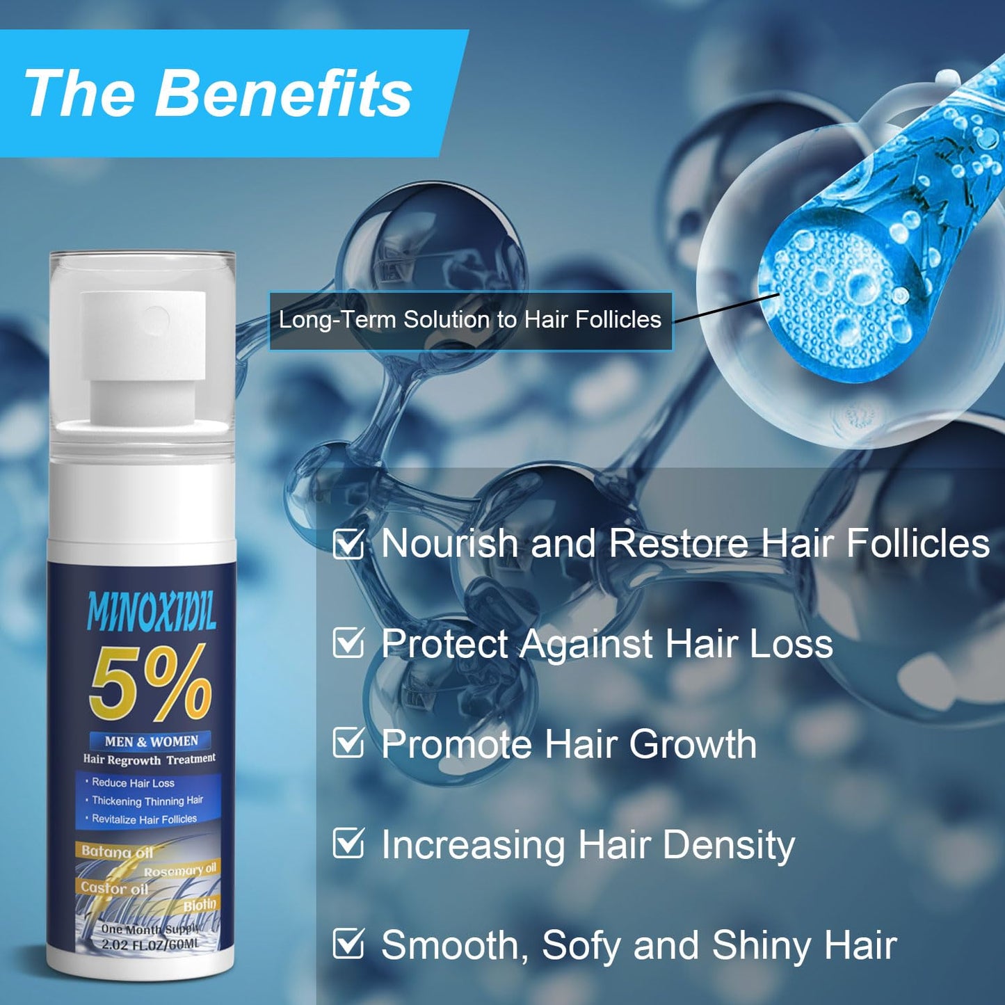 5% Minoxidil for Men and Women, Hair Growth Biotin Serum with Batana and Rosemary for Hair beard Regrowth Treatments, Extra Strength Hair Loss Solution to Regrow Thicker, 2.02FL OZ