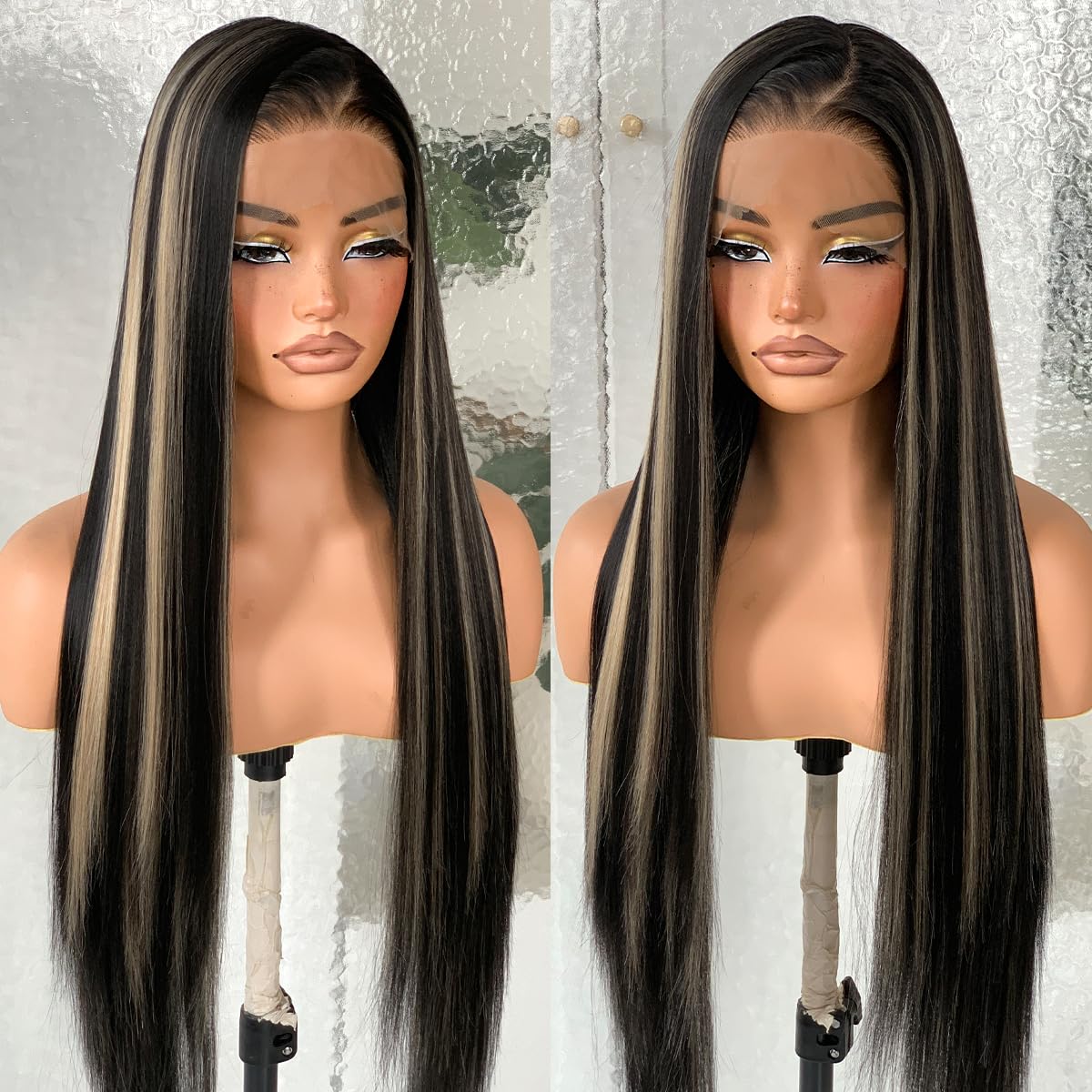 13x6 1B/27 Highlight Lace Frontal Wigs, HD Glueless Synthetic Straight Lace Front Wig Pre-Plucked, Balayage Ombre Synthetic Lace Front Wig 200 Density, 1B/27 Colored For Black Women