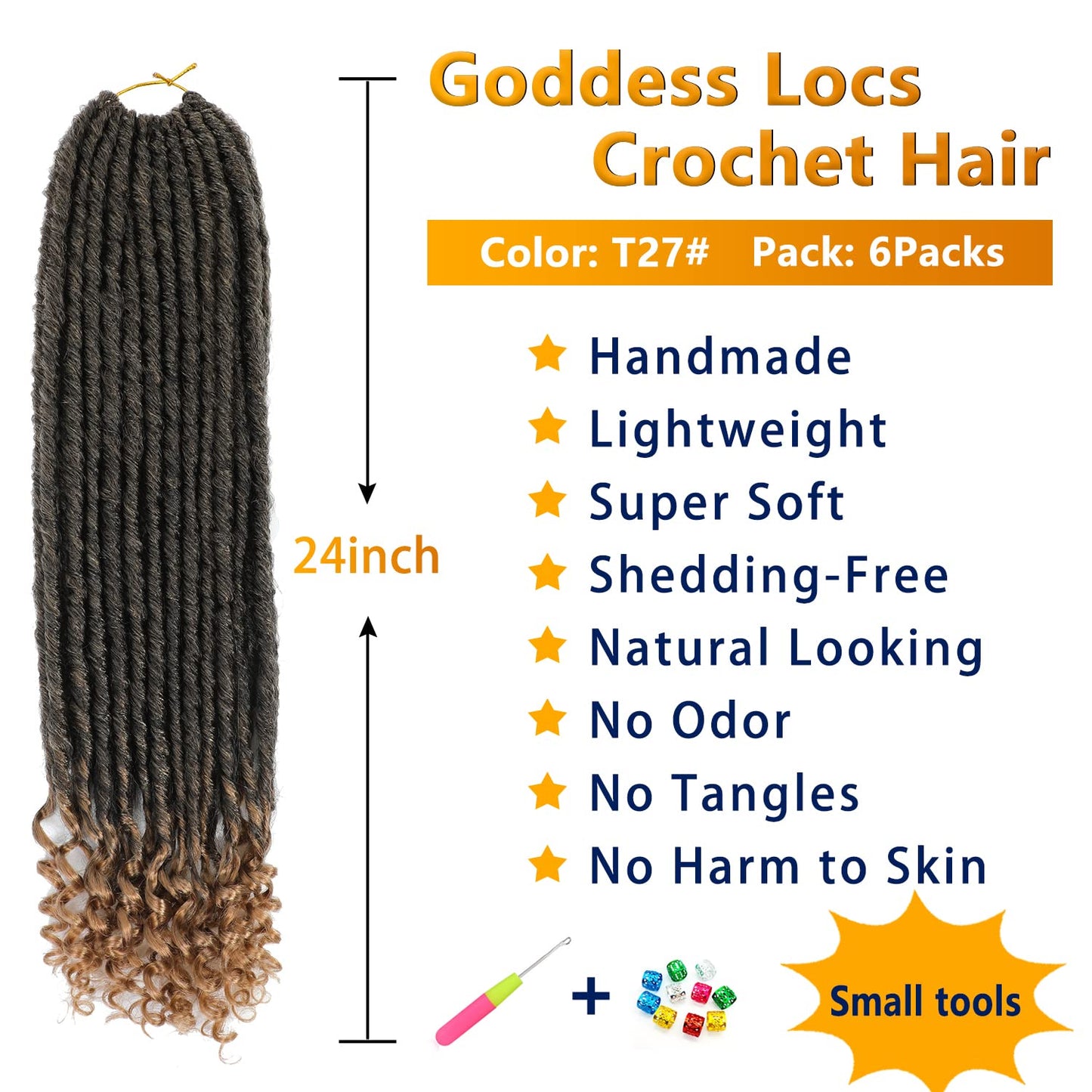 6 Packs Goddess Locs Crochet Hair, 24 Inch Straight Faux Locs Crochet Braids, Pre-Looped Curly Soft Synthetic Ombre Braiding Hair Extensions for Black Women(24 Inch, 6 Packs, 1B/27#)