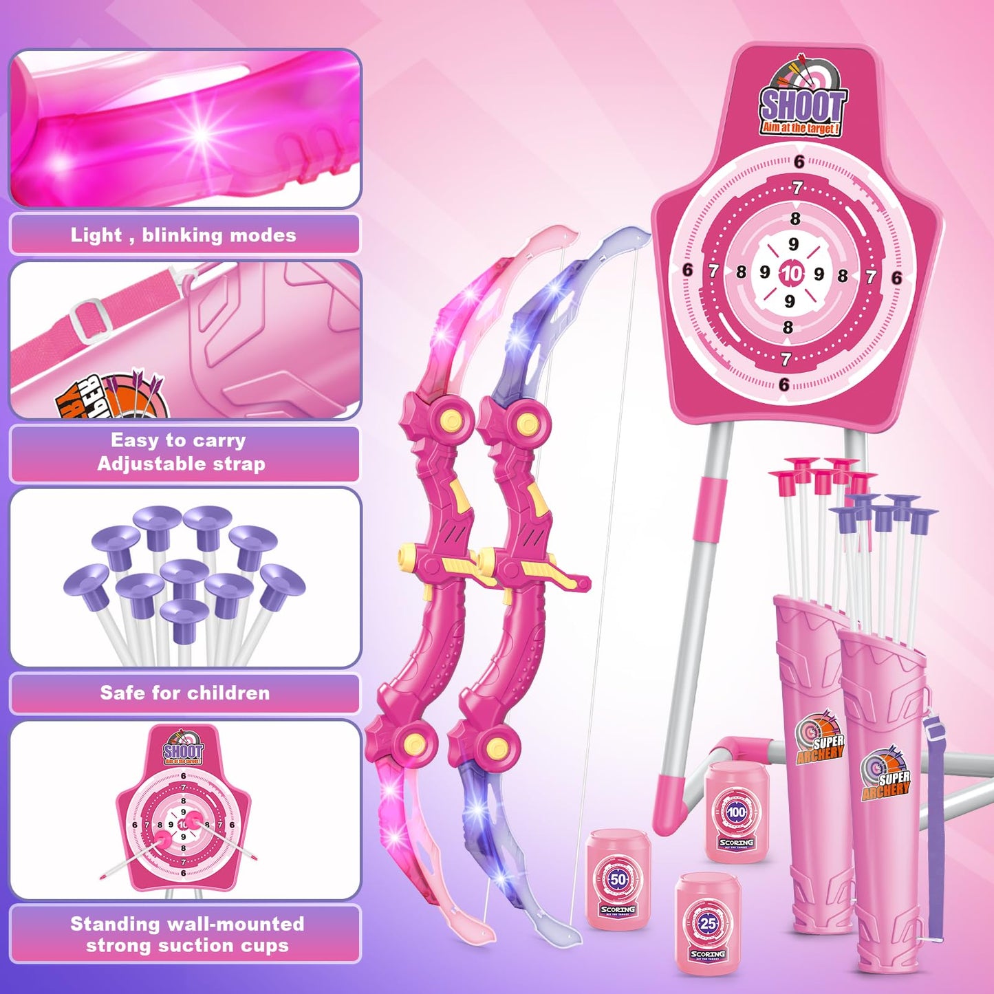 Bow and Arrow Toys for 5 6 7 8 9 10 Years Olds Girls, Archery Set includes 2 Super Bow with LED Lights, 20 Suction Cups Arrows,Archery Set with Standing Target,3 Target Cans,Gift for Kids