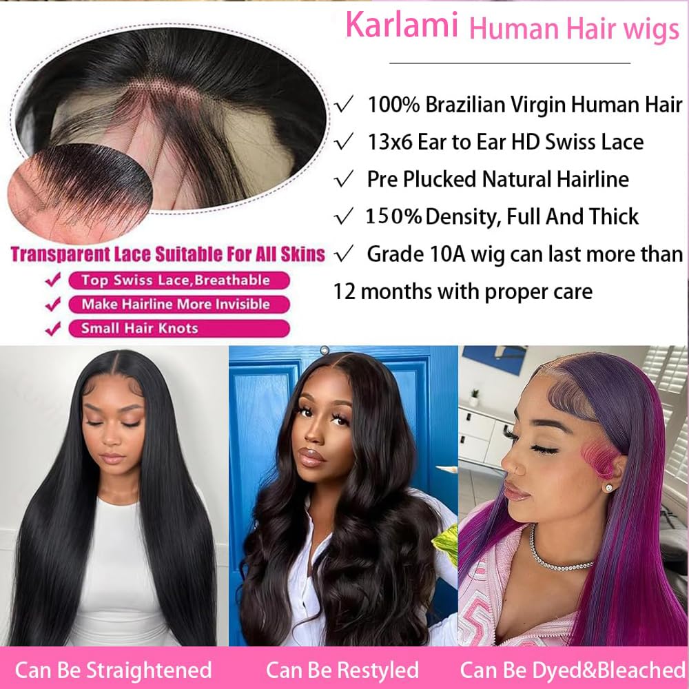 Karlami 13x6 Straight Lace Front Wigs Human Hair 20 Inch HD Lace Front Wigs Human Hair 150% Density 13x6 Frontal Wigs Human Hair Pre Plucked for Women Gluless Wigs with Baby Hair