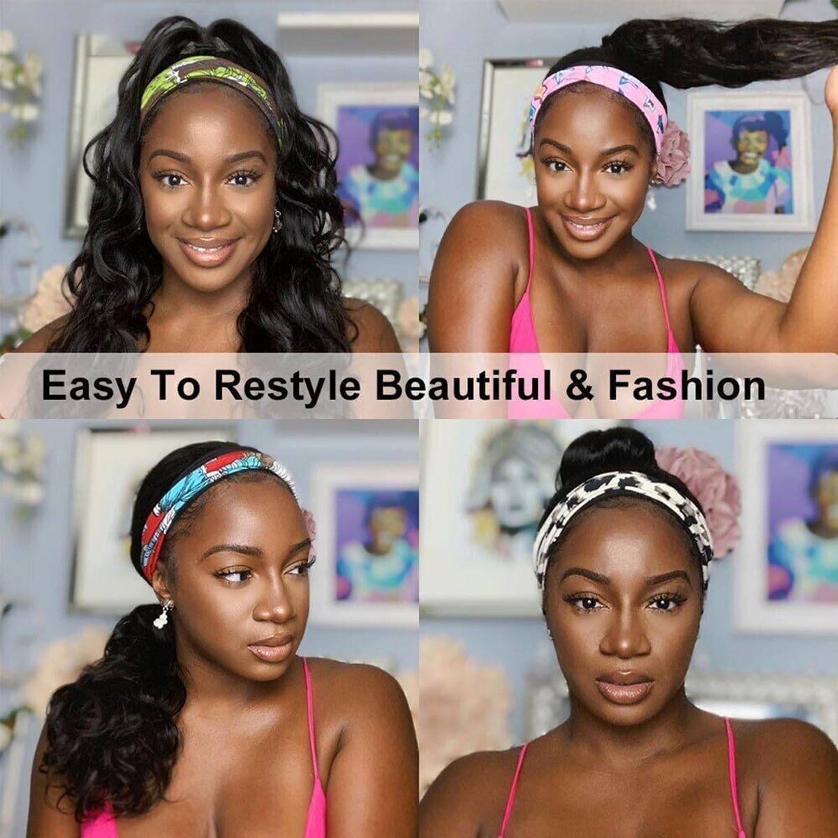 Headband Wig Human Hair Body Wave Headband Wigs for Black Women 20 Inch None Lace Front Wig Human Hair Wear and Go Glueless Wigs Machine Made Brazilian Virgin Human Hair Headband Wig Natural Color