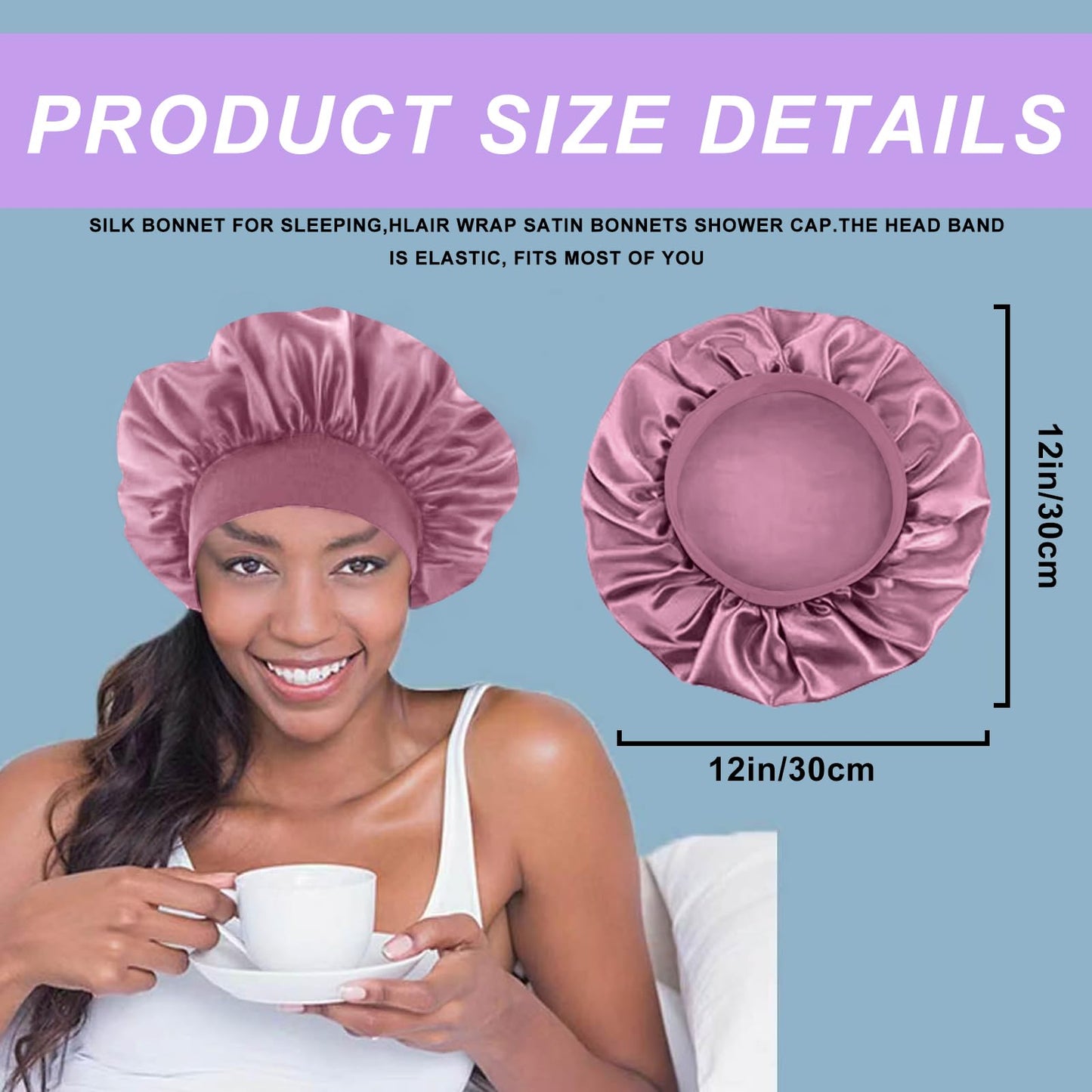 4PCS Silk Satin Bonnets for Black Women & Men - Elastic Wide Band Hair Wrap Cap for Curly Hair - Shower Cap for Sleeping (Black & Bean Paste Pink & Purple & Brown)