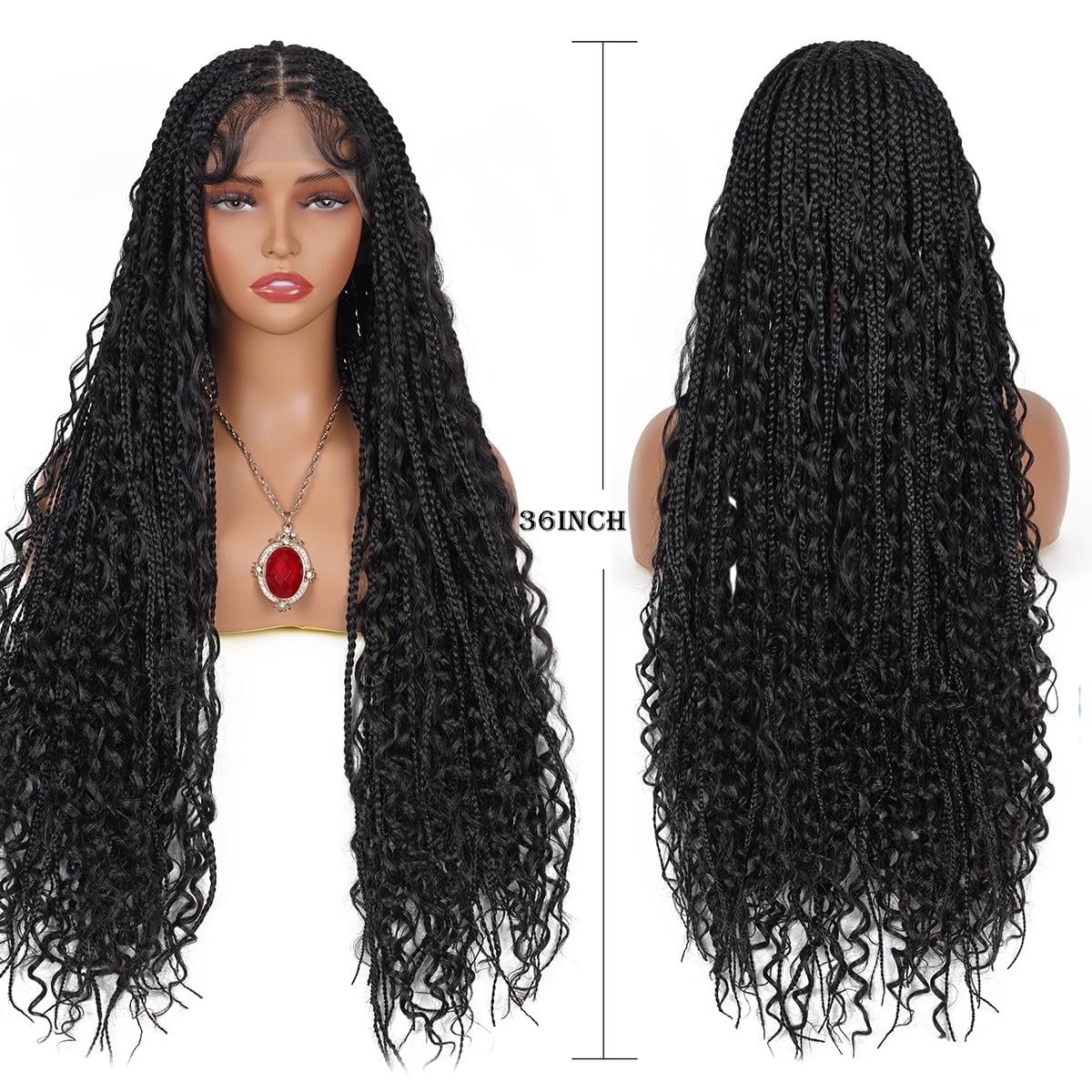 URUNIK Boho Knotless Braided Wigs for Black Women Bohemian Box Braided Wigs With Baby Hair Synthetic Boho Braid Lace Front Wig Natural Black(Natural Black, 13x6 Boho Braided Wig 36 Inch)