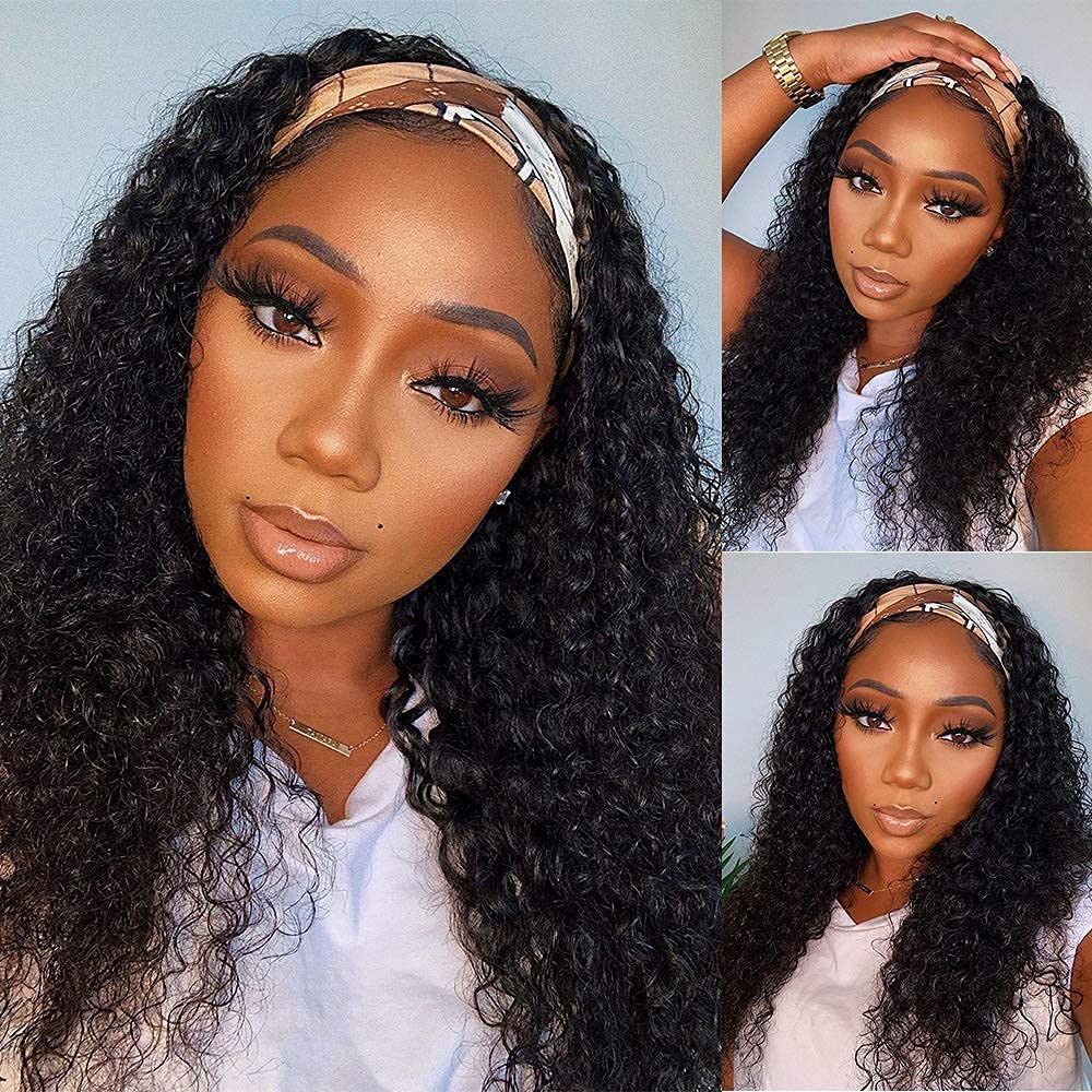Aiterina Headband Wig Deep Wave Human Hair Wigs Virgin Hair Wigs 14 Inch None Lace Front Wigs For Black Women Deep Wave Machine Made Wigs Natural Color