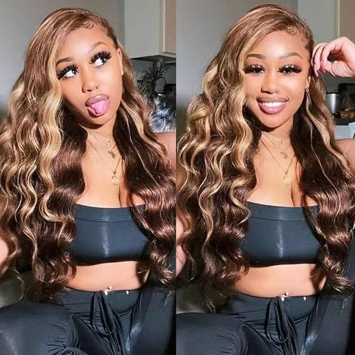 10A Human Hair Loose Deep Wave Bundles with Closure, P4/27 Colored Ombré Brazilian Bundles with 4x4 Free Part Lace Closure - Blonde, Brown (22, 24, 26+20inch)