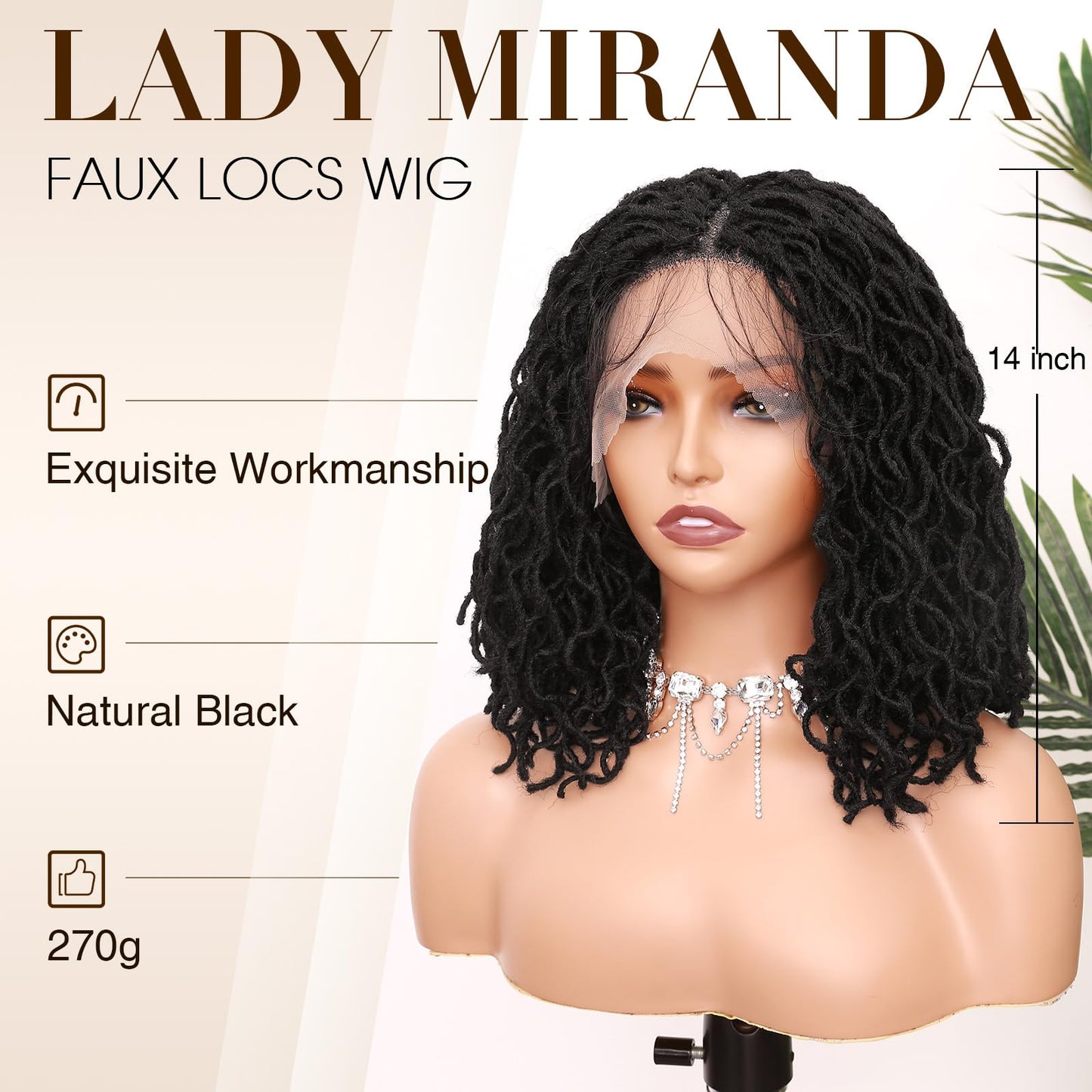 Lady Miranda 14 Inch Full Lace Dreadlock Wig with Baby Hair 150% Density Pre-Plucked Braided Wig Natural Black Faux Locs Wig Braided Wigs for Black Women Knotless Short Twist Wig for Women and Men