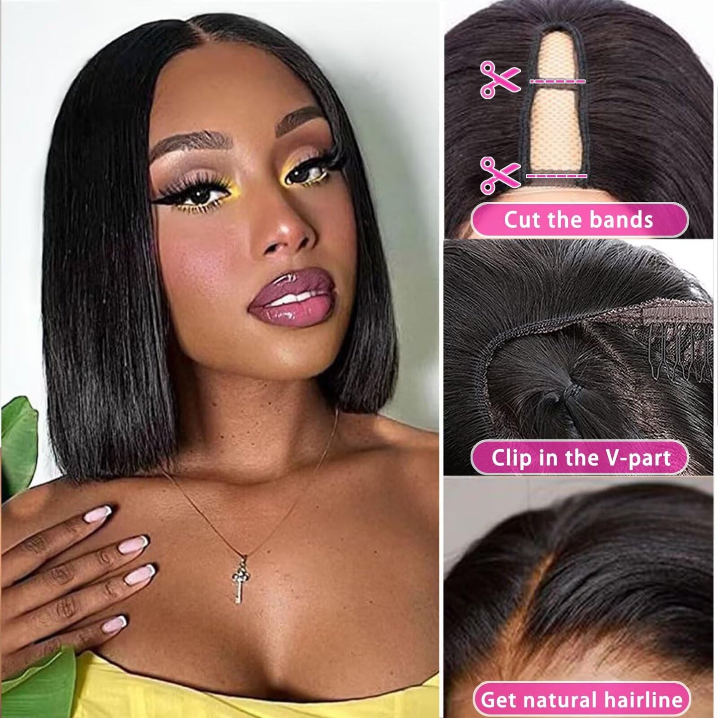Atikual V Part Wig Human Hair For Black Women 12Inch Short Bob Straight Glueless Wigs Brazilian Remy Human Hair Clip in Half Natural Black