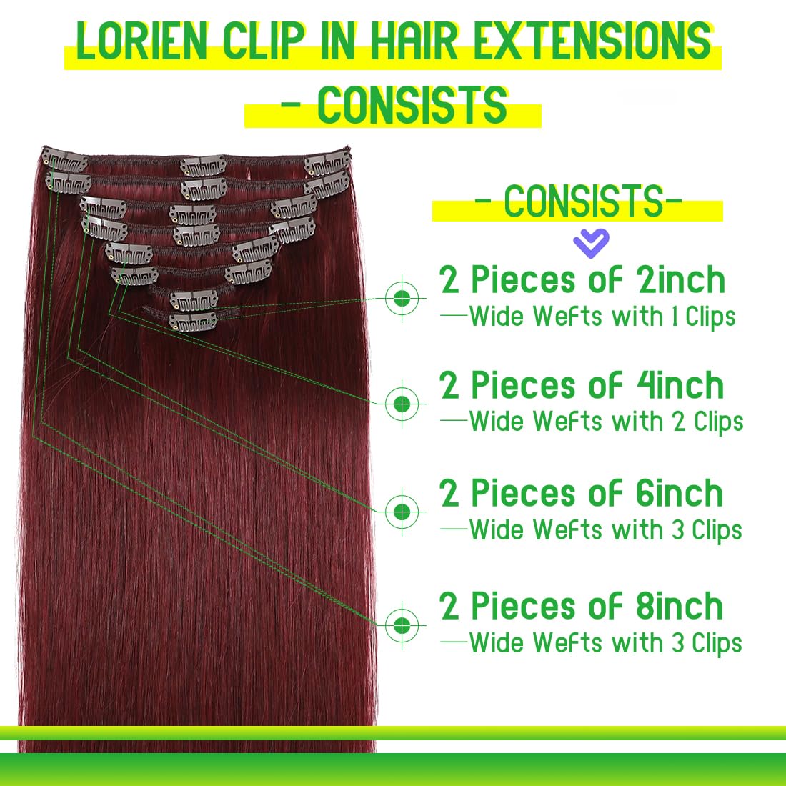 LORIEN Clip in Hair Extensions Real Human Hair, 24 Inch 120g, 99J Burgundy, Clip in 100% Brazilian Remy Human Hair Extensions 8pcs Per Set with 18 Clips Double Weft
