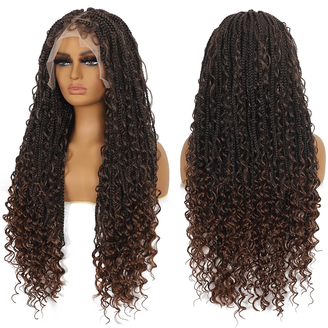 28 Inch Half Lace Front Braided Wigs for Black Women Knotless Braids Wigs Bohemian Boho Braids Goddess Box Braided Wig with Baby Hair (T30, 28 inch)
