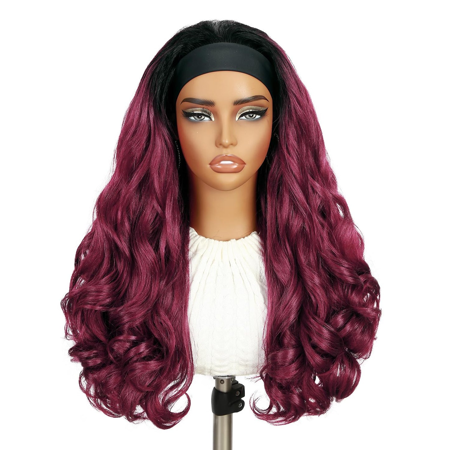 FANCEE Yaki Wavy Headband Wigs Ombre Burgundy Kinky Straight Wear and Go Wig with Curly Wavy Ends for Mom on the Go Synthetic Headband Blow Out Style Natural Hair Wig for Black Women Bug