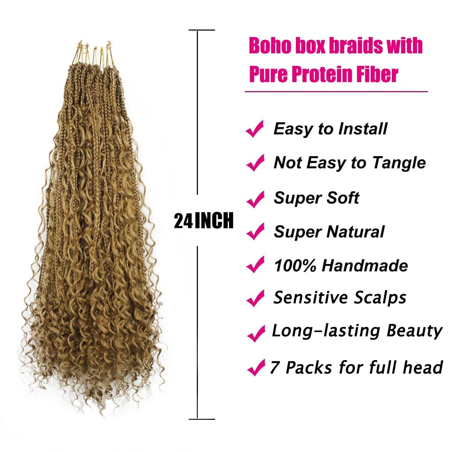Boho Crochet Braids Pure Protein Fiber Close to Human Hair 24 Inch Goddess Box Braids with Soft Curls Bohemian Braids Crochet Hair for Black Women (24Inch #27)