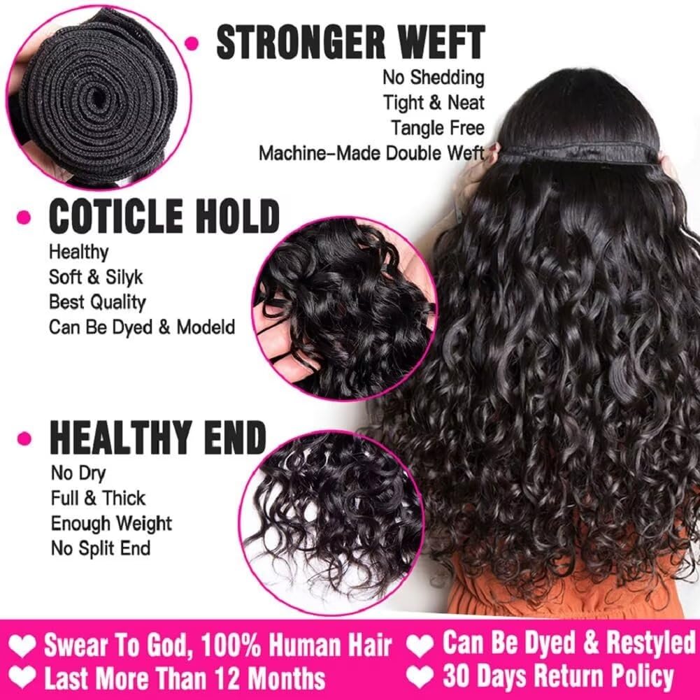 Yavida Water Wave Human Hair Bundles Wet and Wavy Human Hair Bundles Brazilian Unprocessed Remy Hair Water Wave Weave Extensions 22 24 26 Inch Natural Black