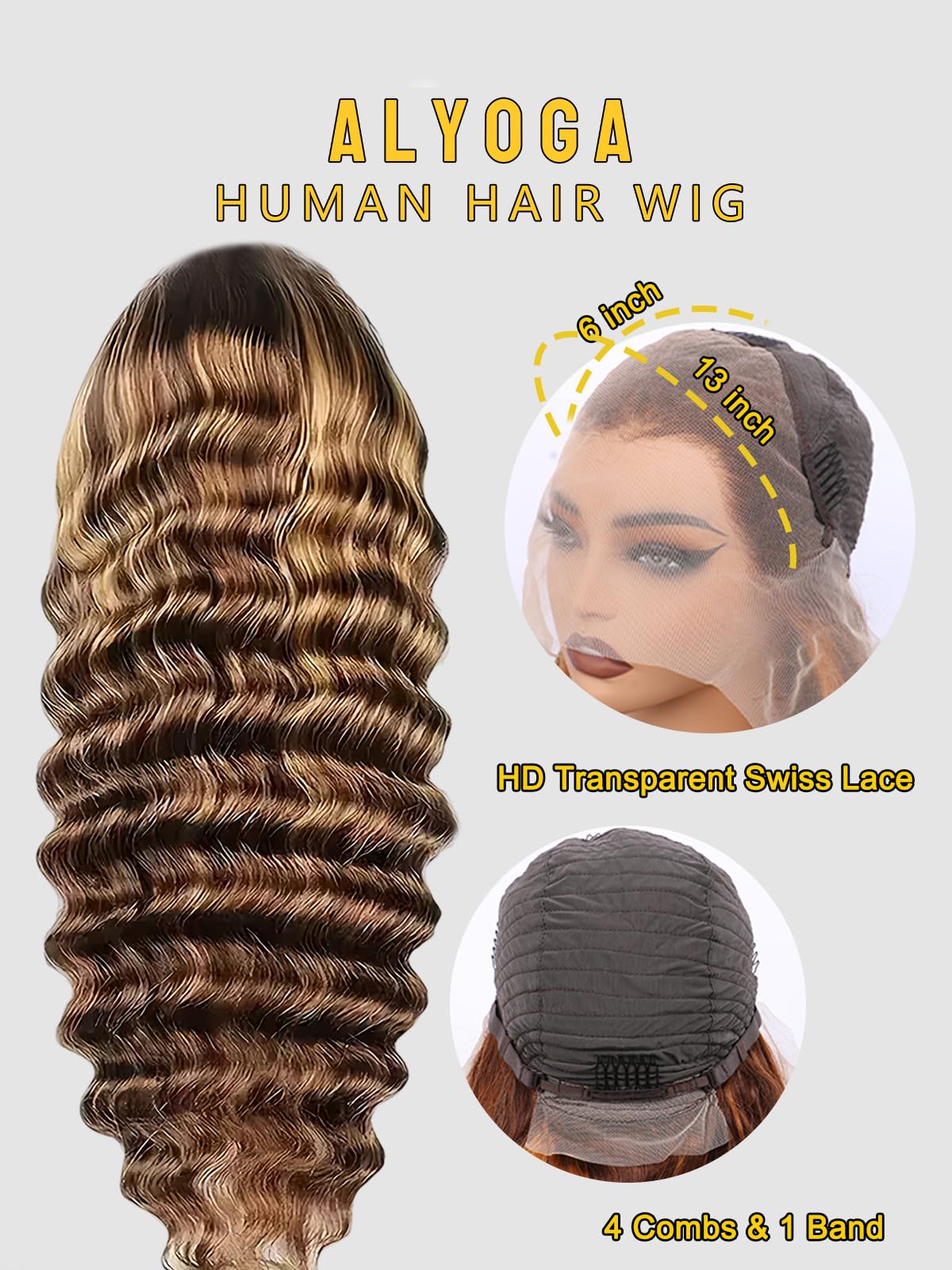 ALYOGA Highlight Wig Human Hair- 200 Density HD Deep Wave Lace Front Wigs, 13x6 Curly Human Hair Wig Pre Plucked 32 inch