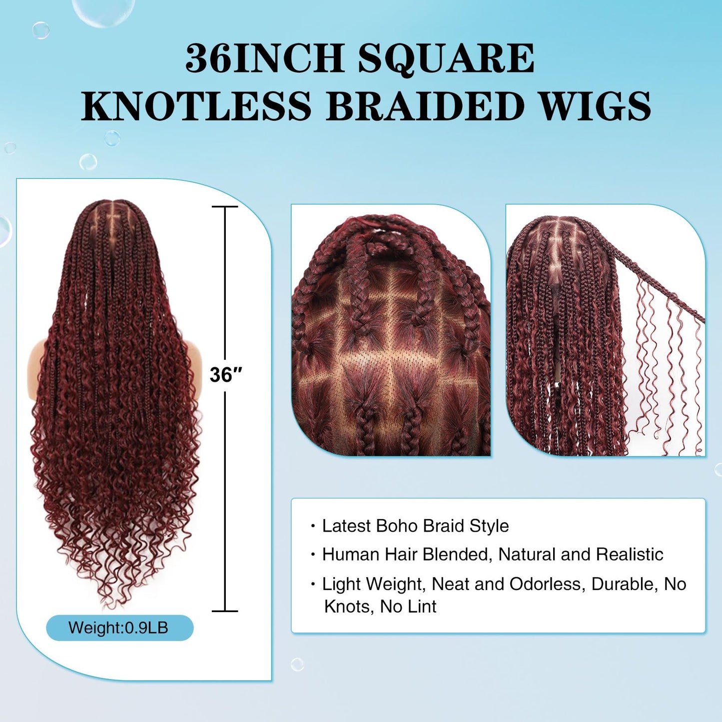 Olymei 360° HD Full Lace Knotless Braided Wigs for Black Women Boho Braided Wigs with Baby Hair Box Braid Wig Premium Synthetic Braid Lace Front Wig with Curly End Burgundy 36"