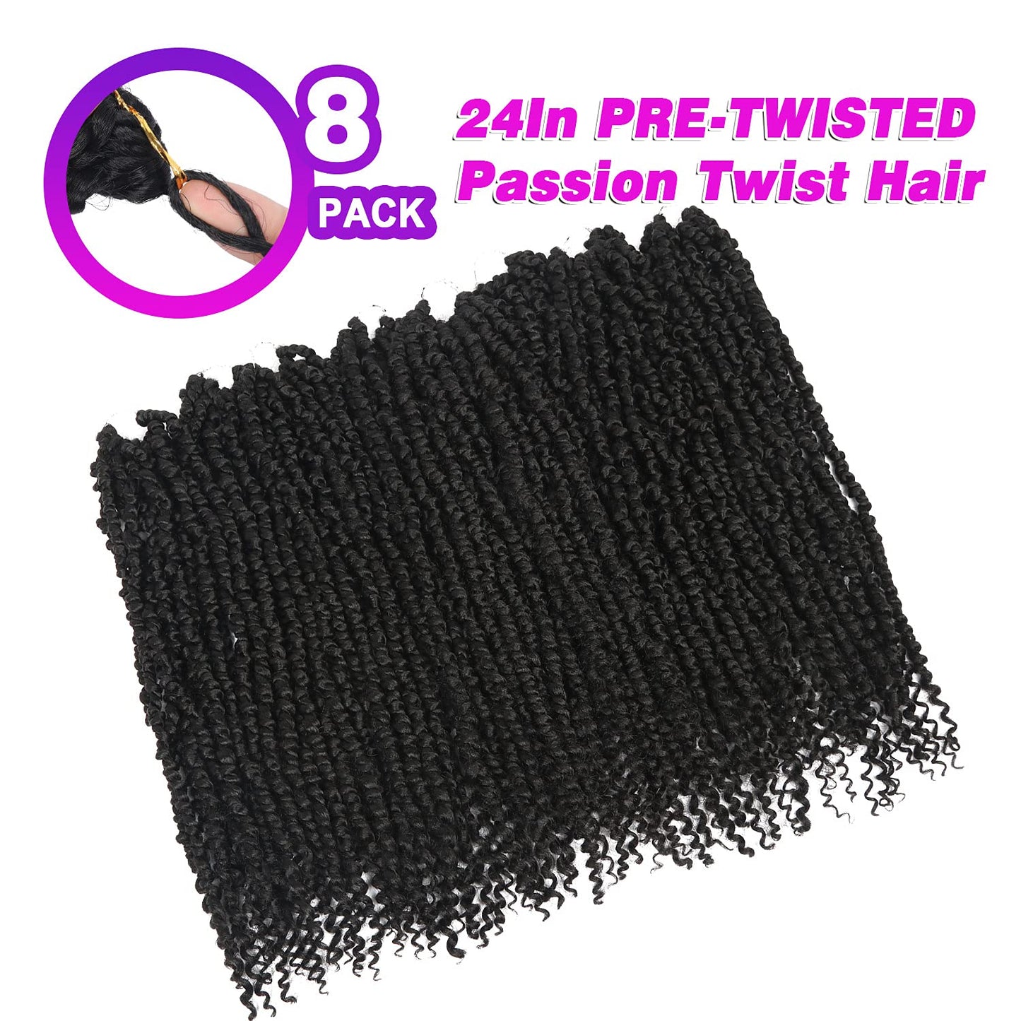 Passion Twist Hair Pre-twisted 24 Inch Passion Twist Crochet Hair 8 Packs, Pre Looped Passion Twist Hair for Women Girls and Kids Crochet Braids Bohemian Crochet Hair Extensions 1B
