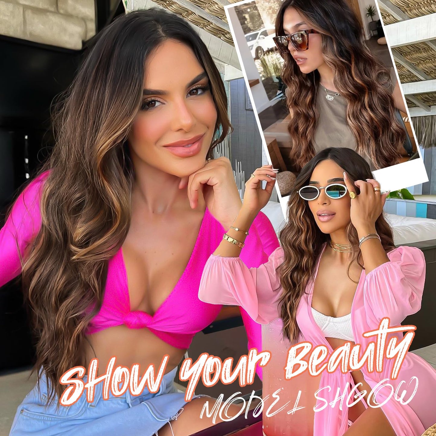 AISI HAIR Long Wavy Brown with Blonde Highlight Lace Hairline Wigs for Women, Middle Part Synthetic Heat Resistant Wig for Daily Party-26 Inch