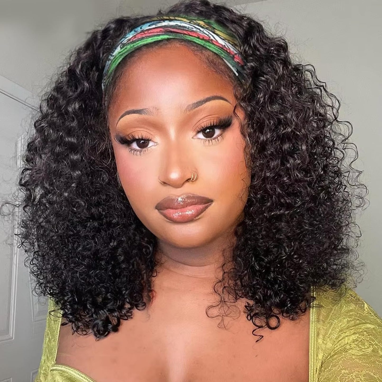 Aisaide Kinky Curly Headband Wig 14 Inch Headband Wigs for Black Women None Lace Front Curly Wave Half Hair Wig Wear and Go Glueless Wig