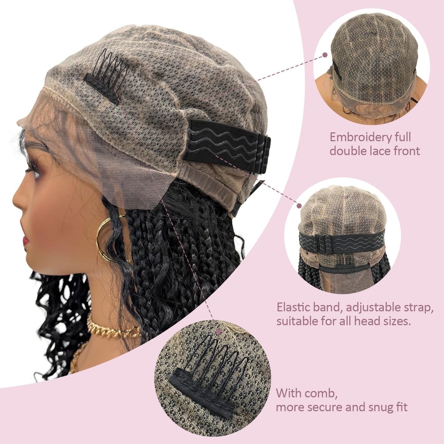 Janyuwool 18" Boho Knotless Box Braided Wigs Full Double Lace Short Braid Wig for Black Women Lace Frontal Human Hair Blended Braided Wig with Boho Curls Lace Front Braids Wigs with Baby Hair (Black)