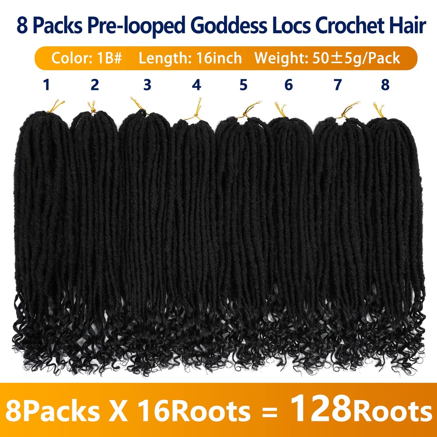 Goddess Locs Crochet Hair 8 Packs 16 Inch Straight Faux Locs Crochet Hair for Black Women, Pre-Looped Curly Soft Faux Loc Synthetic Braiding Hair Extensions (16 Inch, 8 Packs, 1B#)