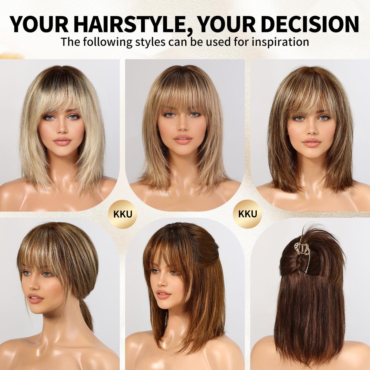 KKU 12 Inch Ombre Brown Wigs Human Hair for Women, Remy Human Hair Wigs, Human Hair Wigs with Bangs
