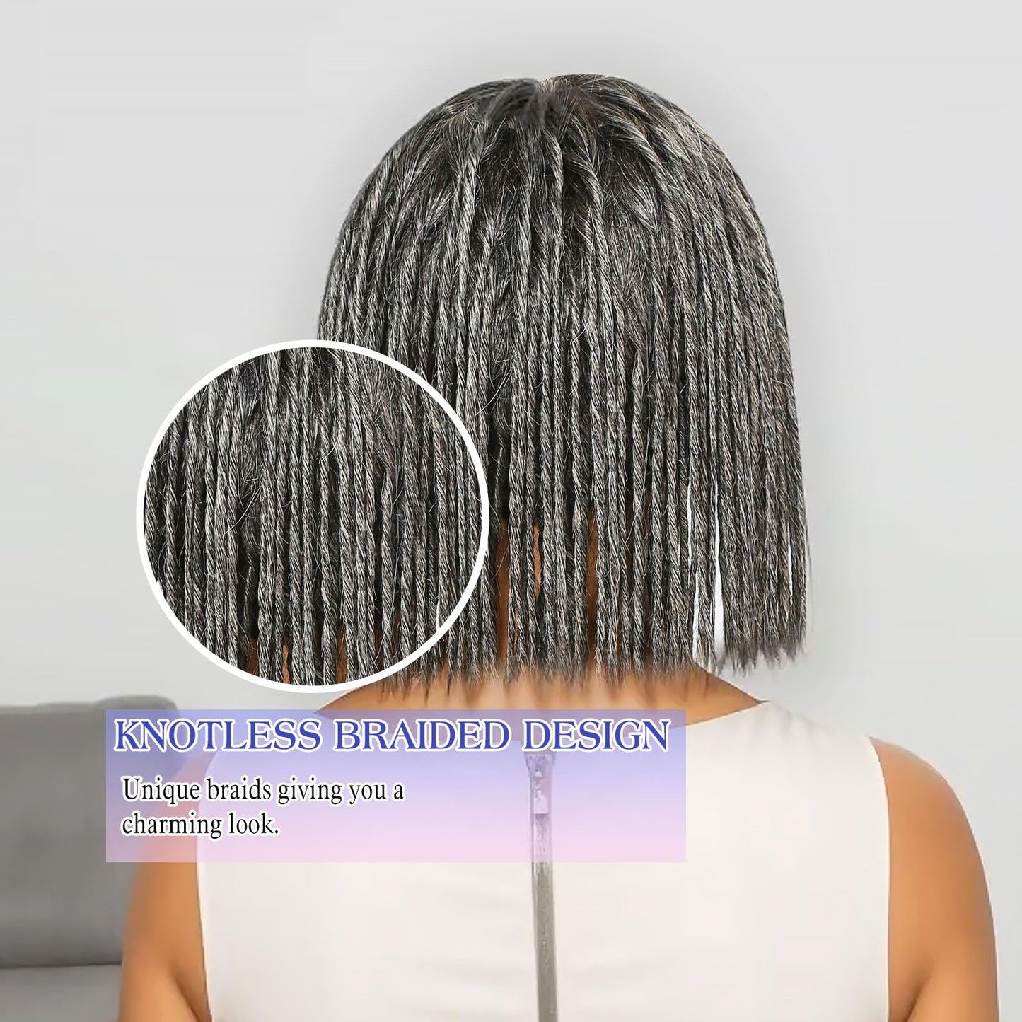 HANASCC Braided Wigs for Black Women Salt and Pepper Grey Twist Braid Wig Human Hair 10 inch Gray Glueless Short Bob Wig 5x5 HD Silk Base Lace Front 250% High Density