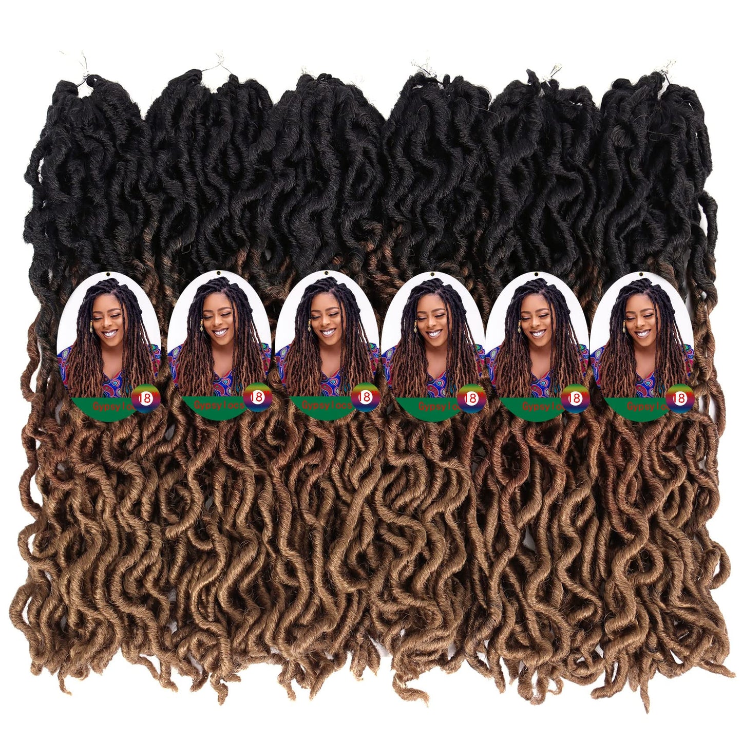 18 Inch Goddess Faux locs Crochet Hair 6 Packs/Lot Soft Gypsy Locs Wavy Crochet Braids Dreadlocks 3 Tone Curly Wavy Twist Braiding Hair Extensions African Roots Braid(#1B/30/27)